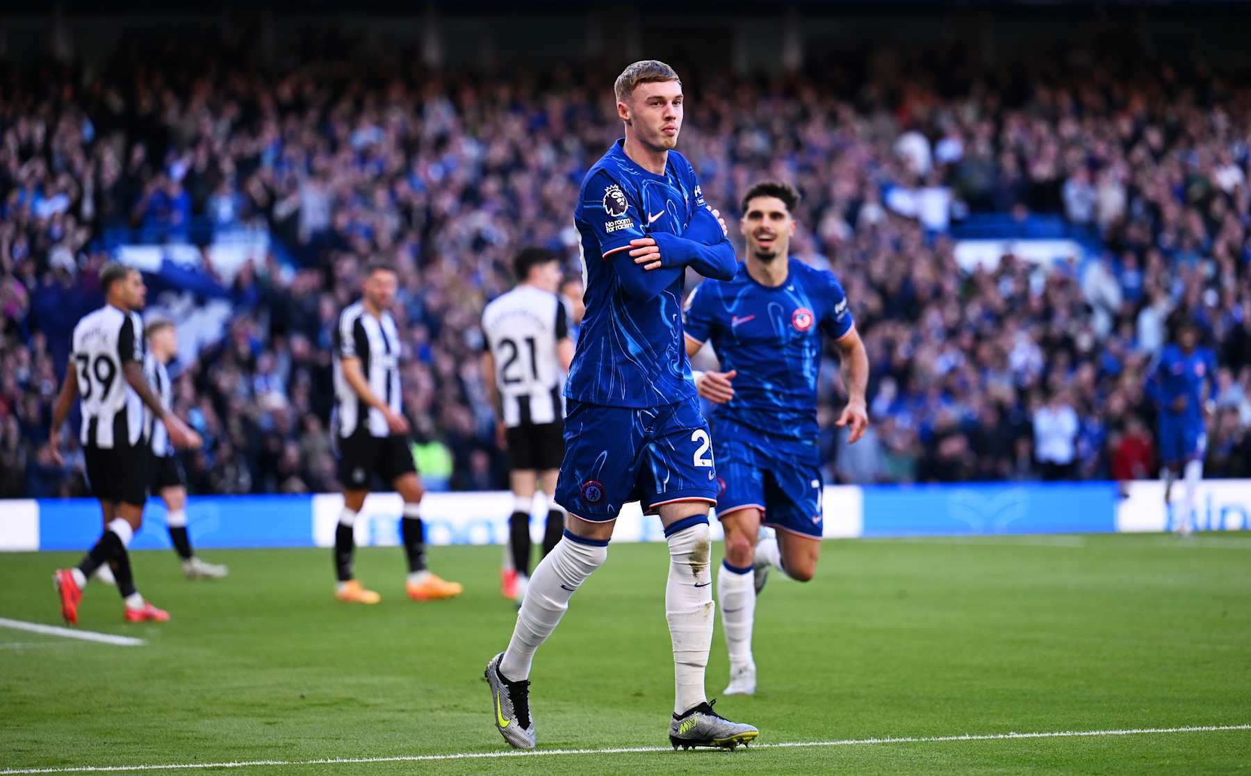 LONDON, ENGLAND - OCTOBER 27: Cole Palmer of Chelsea celebrates scoring his team's first goal which was later disallowed for offside following a VAR review during the Premier League match between Chelsea FC and Newcastle United FC at Stamford Bridge on October 27, 2024 in London, England. (Photo by Darren Walsh/Chelsea FC via Getty Images)