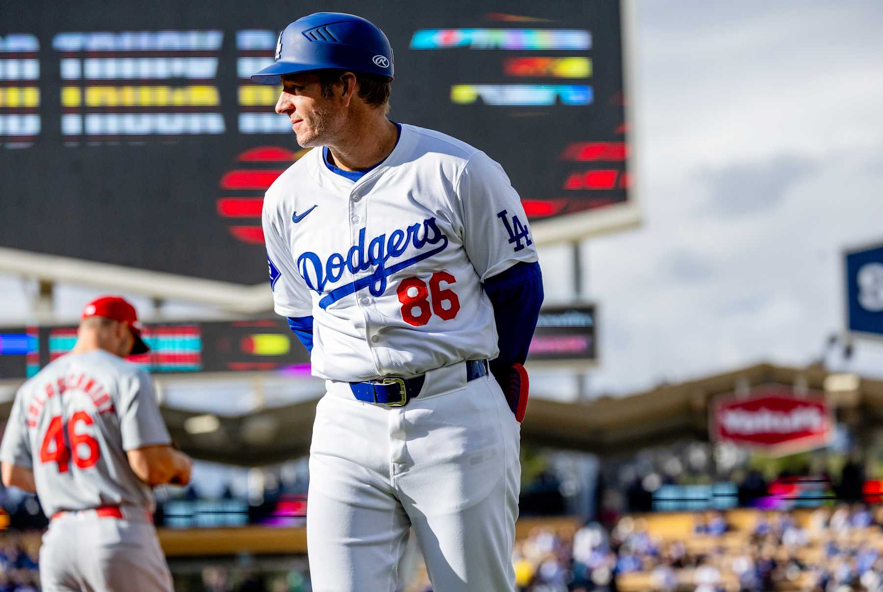 LOS ANGELES, CA - MARCH 31, 2024: Dodgers first base coach Clayton McCullough on the field  during the game against the St Louis Cardinals  on March 31, 2024 at  Dodger Stadium in Los Angeles, California.(Gina Ferazzi / Los Angeles Times via Getty Images)