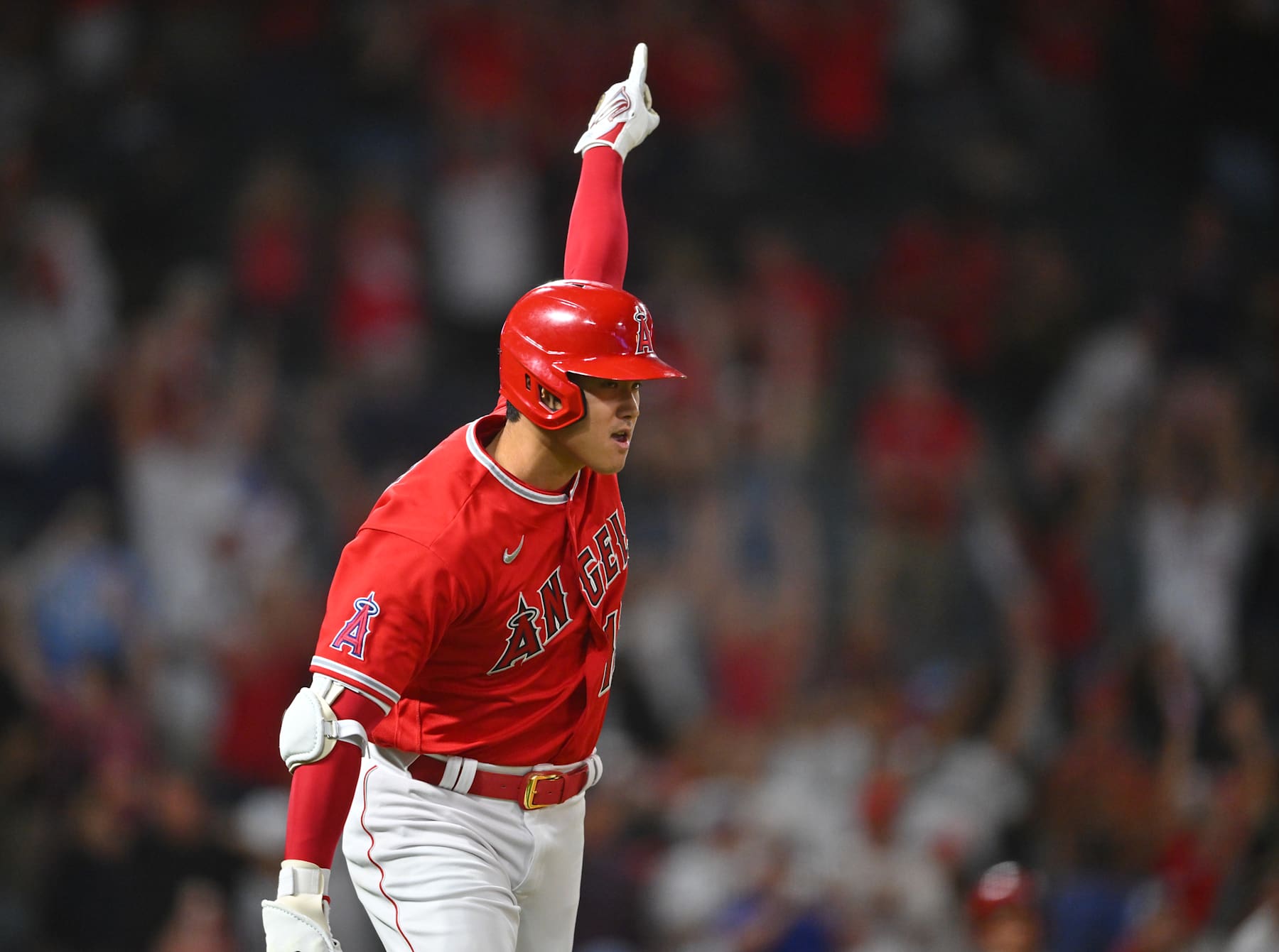 ANAHEIM, CA - JUNE 21: Shohei Ohtani #17 of the Los Angeles Angels celebrates after hitting his second 3-run home run in the ninth inning of the game against the Kansas City Royals at Angel Stadium of Anaheim on June 21, 2022 in Anaheim, California. (Photo by Jayne Kamin-Oncea/Getty Images)