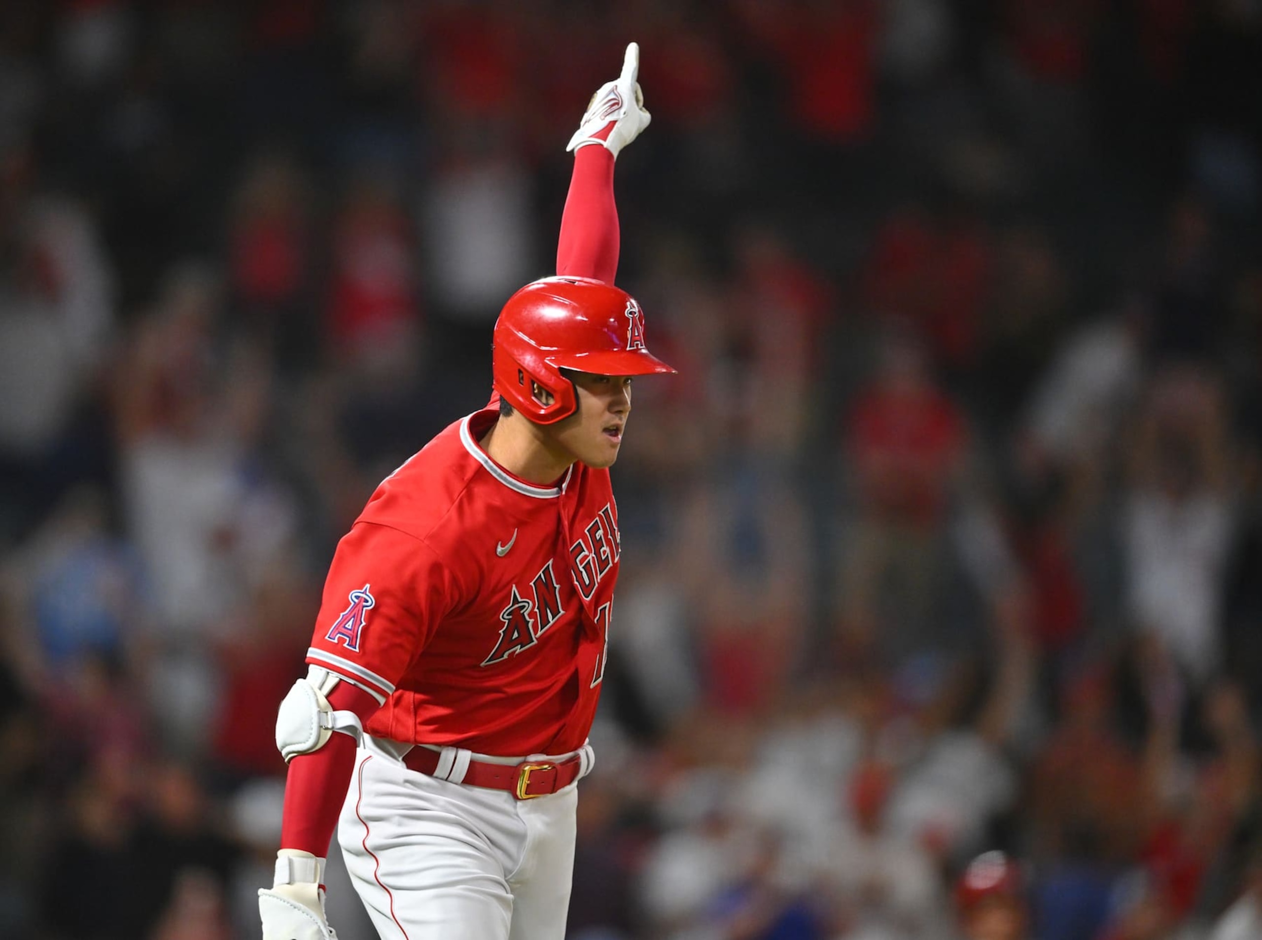 ANAHEIM, CA - JUNE 21: Shohei Ohtani #17 of the Los Angeles Angels celebrates after hitting his second 3-run home run in the ninth inning of the game against the Kansas City Royals at Angel Stadium of Anaheim on June 21, 2022 in Anaheim, California. (Photo by Jayne Kamin-Oncea/Getty Images)