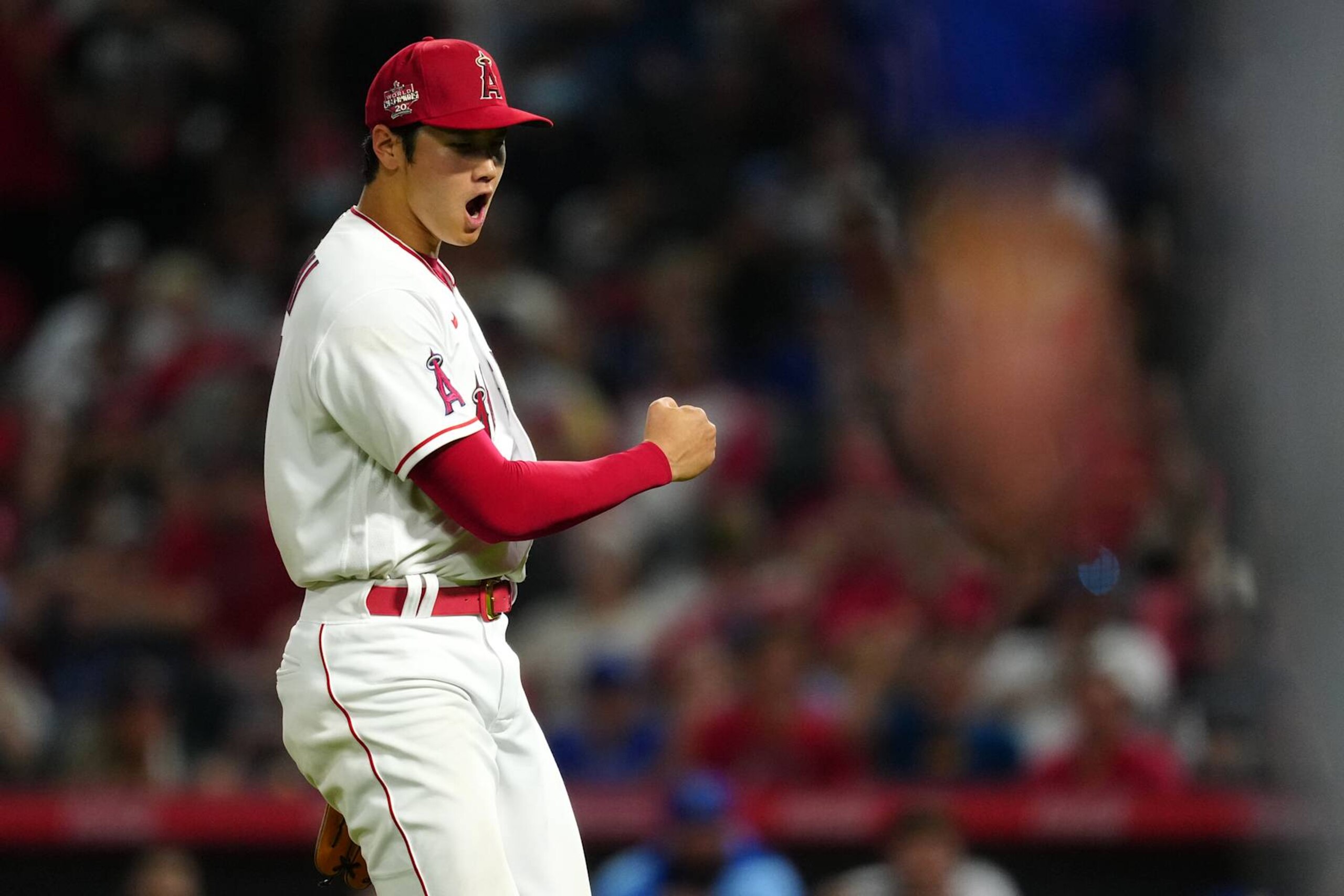 ANAHEIM, CA - JUNE 22: Shohei Ohtani #17 of the Los Angeles Angels reacts after a strikeout to end the eighth inning during the game between the Kansas City Royals and the Los Angeles Angels at Angel Stadium on Wednesday, June 22, 2022 in Anaheim, California. (Photo by Daniel Shirey/MLB Photos via Getty Images)