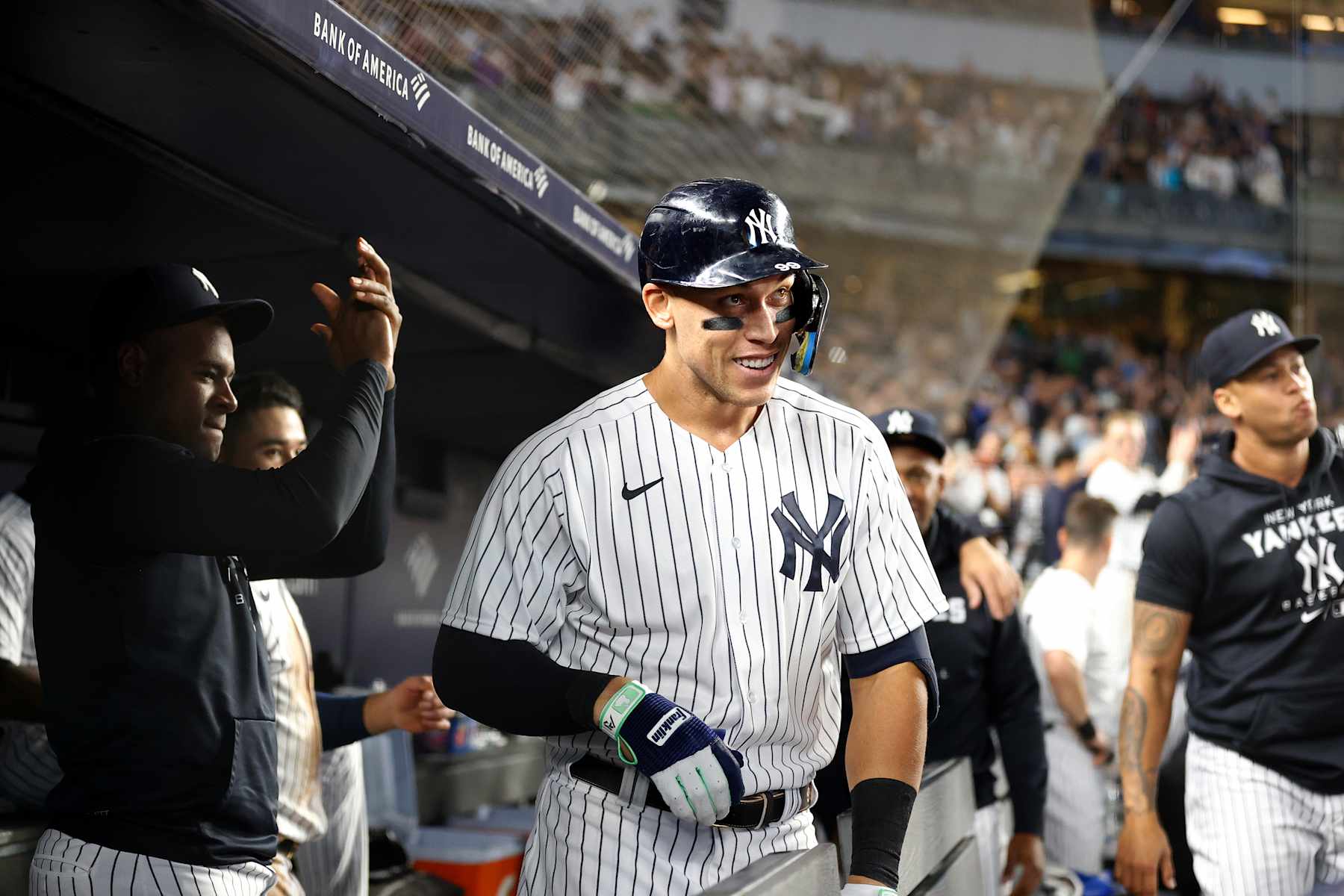 NEW YORK, NY - SEPTEMBER 20: Aaron Judge #99 of the New York Yankees looks on after hitting his 60th home run during the game against the Pittsburgh Pirates at Yankee Stadium on September 20, 2022, in New York City. (Photo by New York Yankees/Getty Images)