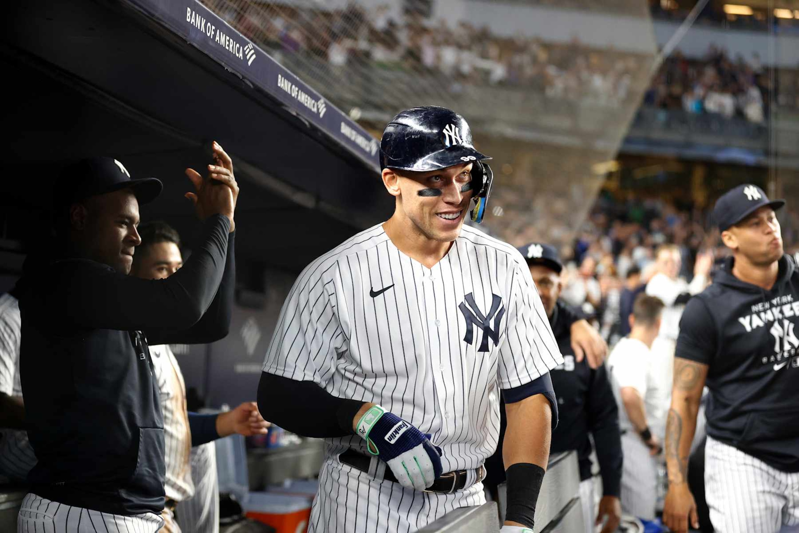 NEW YORK, NY - SEPTEMBER 20: Aaron Judge #99 of the New York Yankees looks on after hitting his 60th home run during the game against the Pittsburgh Pirates at Yankee Stadium on September 20, 2022, in New York City. (Photo by New York Yankees/Getty Images)