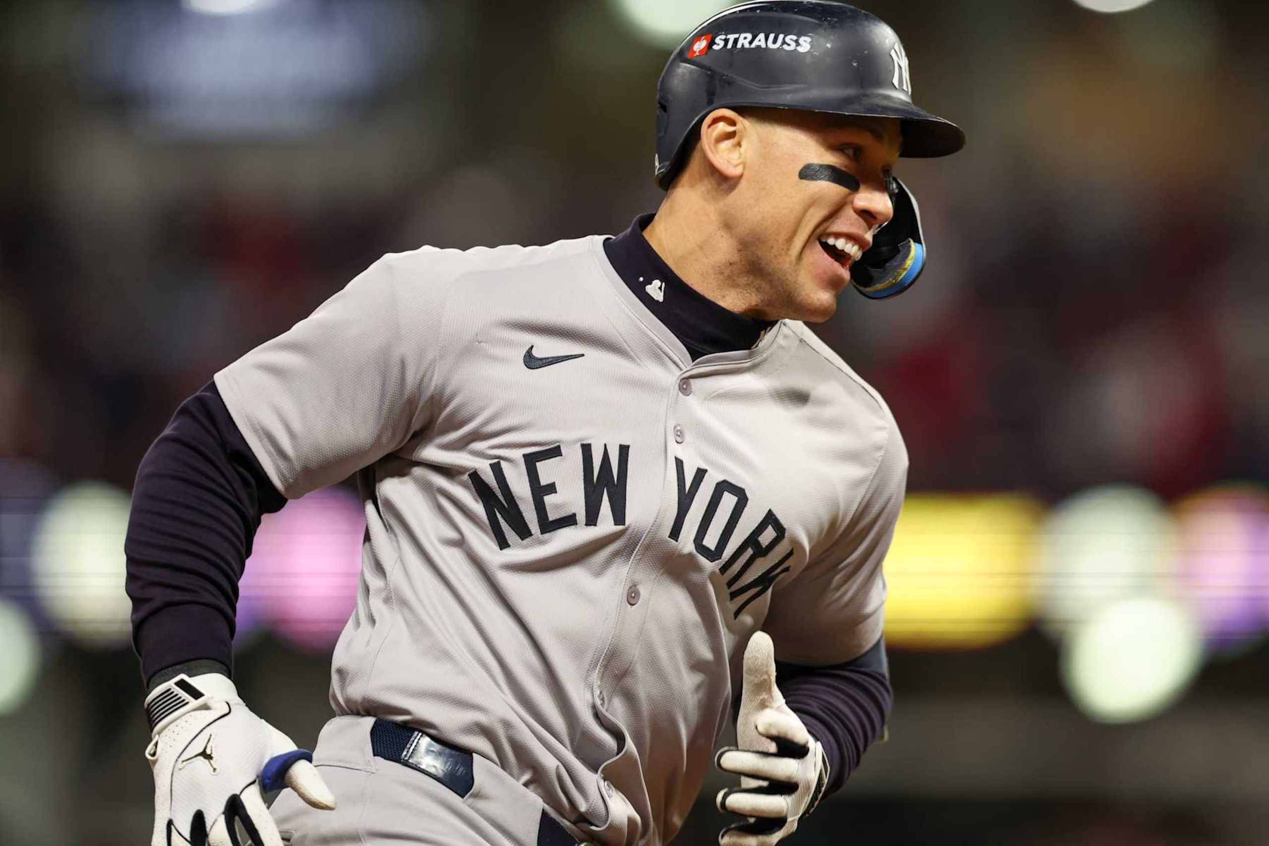 CLEVELAND, OH - OCTOBER 17: Aaron Judge #99 of the New York Yankees celebrates as he rounds the bases after hitting a two-run home run in the eighth inning during Game 3 of the ALCS presented by loanDepot between the New York Yankees and the Cleveland Guardians at Progressive Field on Thursday, October 17, 2024 in Cleveland, Ohio. (Photo by Lauren Leigh Bacho/MLB Photos via Getty Images)