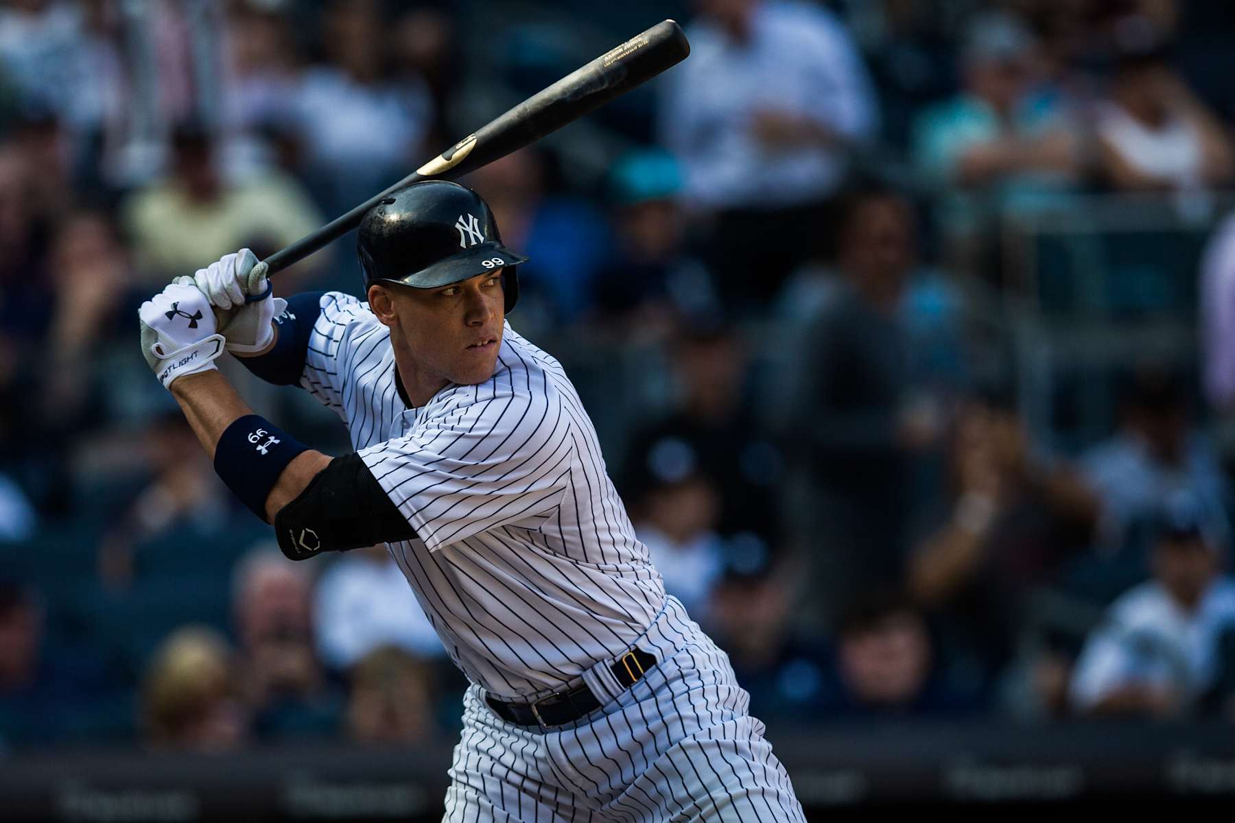 NEW YORK - AUGUST 30:  Aaron Judge #99 of the New York Yankees bats during the game against the Cleveland Indians at Yankee Stadium on August 30, 2017 in the Bronx borough of New York City. (Photo by Rob Tringali/MLB via Getty Images) 