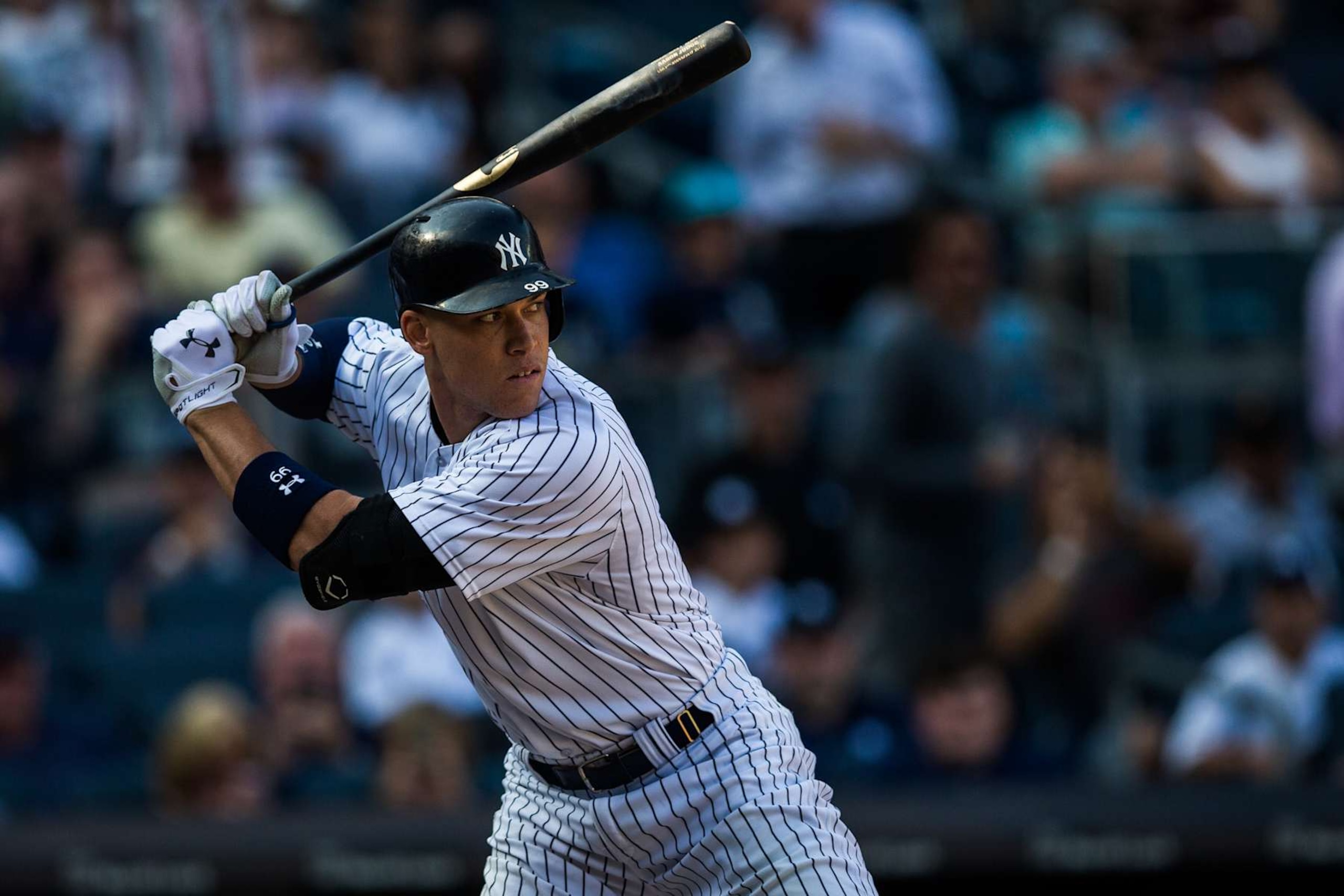 NEW YORK - AUGUST 30:  Aaron Judge #99 of the New York Yankees bats during the game against the Cleveland Indians at Yankee Stadium on August 30, 2017 in the Bronx borough of New York City. (Photo by Rob Tringali/MLB via Getty Images) 