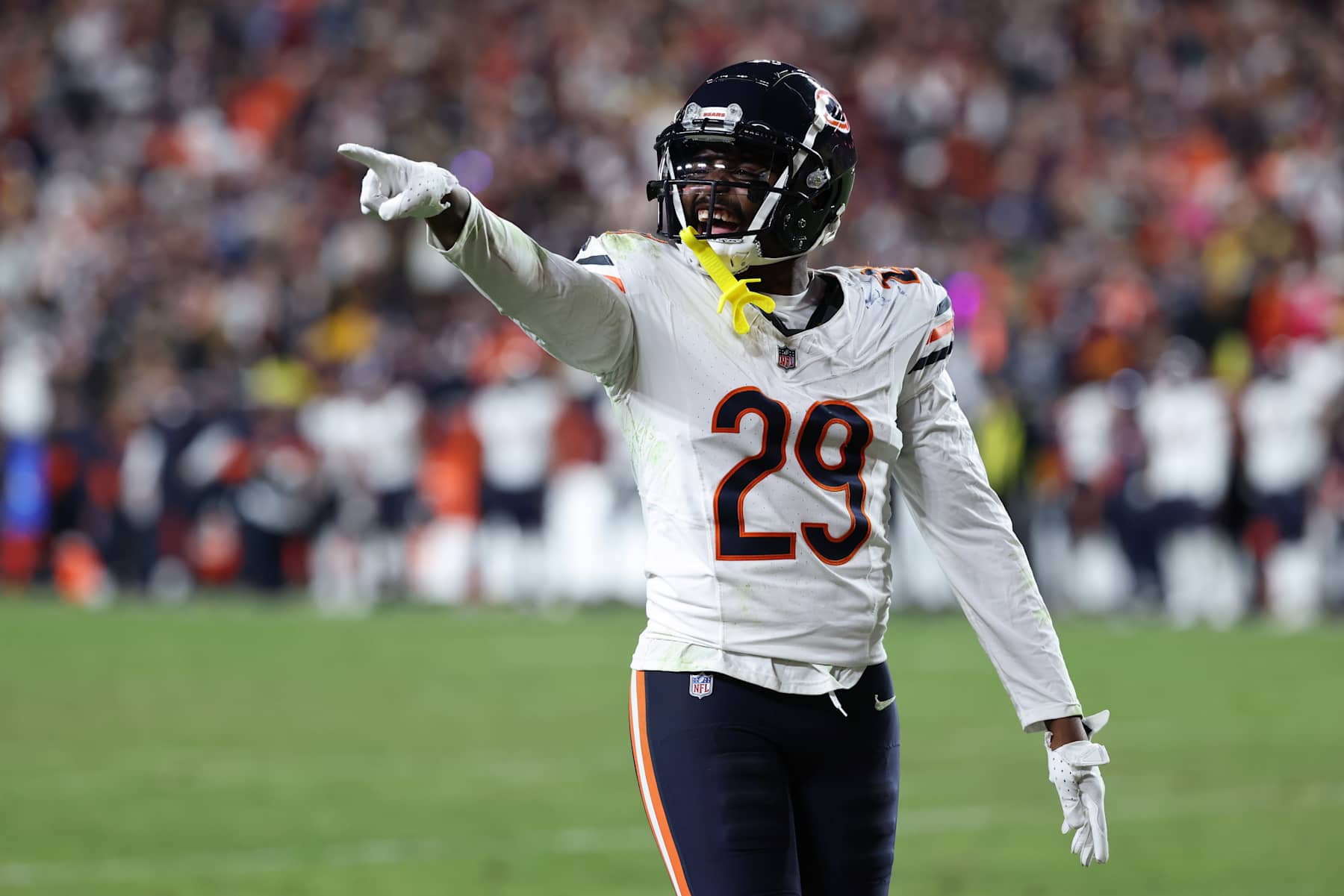 LANDOVER, MARYLAND - OCTOBER 27: Tyrique Stevenson #29 of the Chicago Bears reacts during the fourth quarter against the Washington Commanders at Northwest Stadium on October 27, 2024 in Landover, Maryland. (Photo by Scott Taetsch/Getty Images)