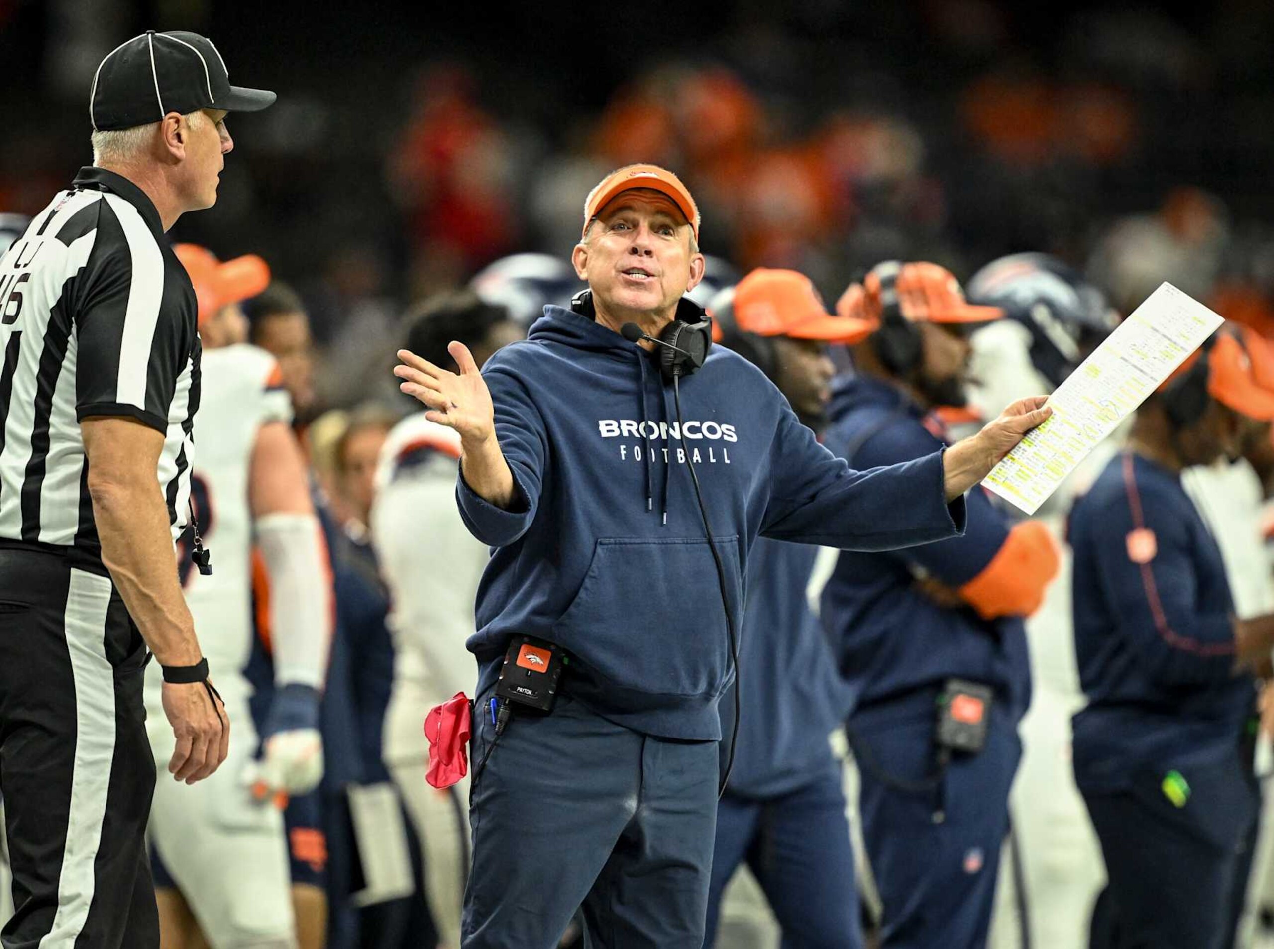 NEW ORLEANS, LA - OCTOBER 17: Denver Broncos head coach Sean Payton communicates with the officiating crew, while competing against the New Orleans Saints during the second half of the Broncos' 33-10 win at Caesars Superdome in New Orleans, Louisiana on Thursday, October 17, 2024. (Photo by AAron Ontiveroz/The Denver Post)