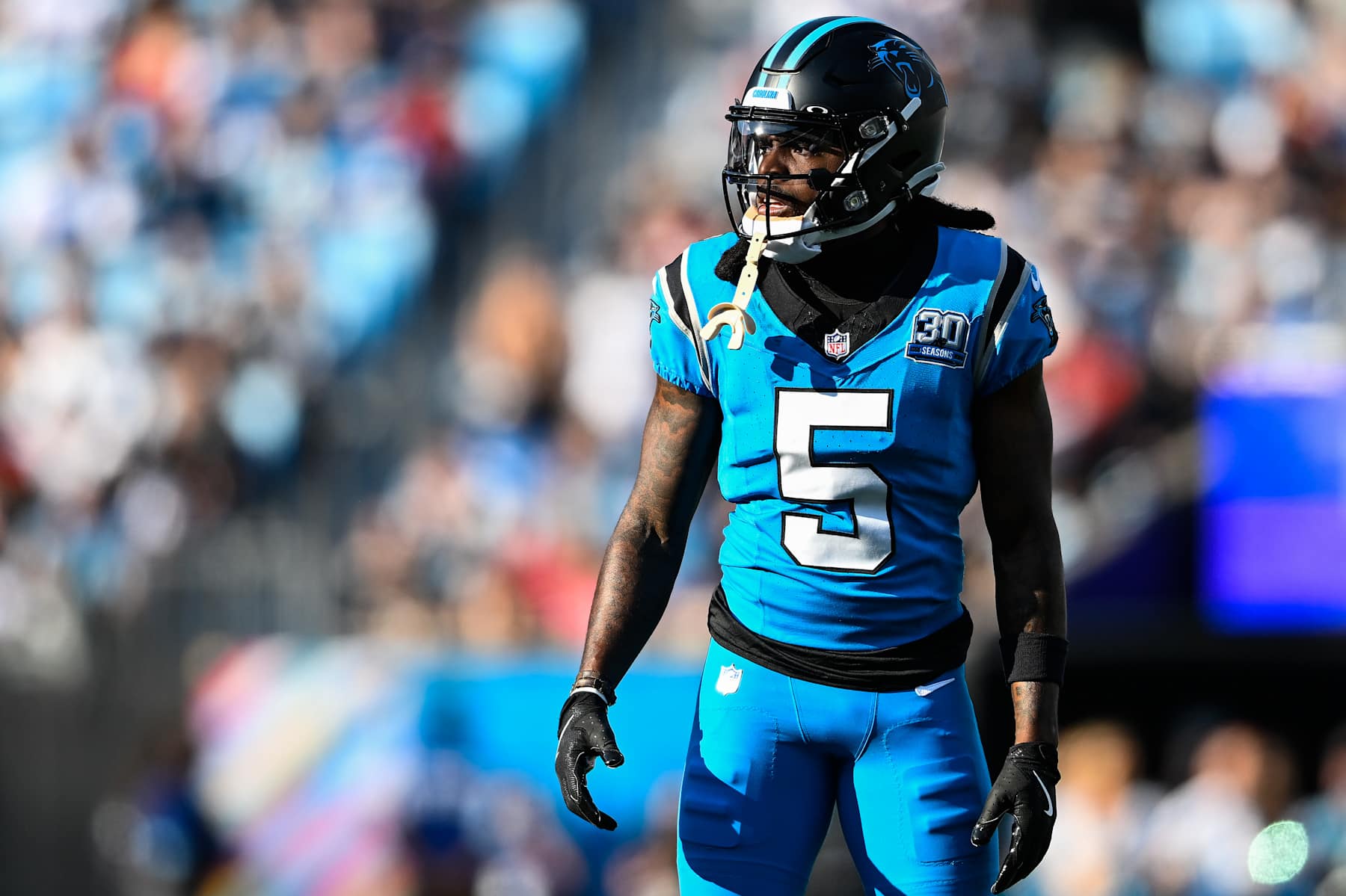 CHARLOTTE, NORTH CAROLINA - OCTOBER 13: Diontae Johnson #5 of the Carolina Panthers looks on during the first quarter of their game against the Atlanta Falcons at Bank of America Stadium on October 13, 2024 in Charlotte, North Carolina. (Photo by Matt Kelley/Getty Images)