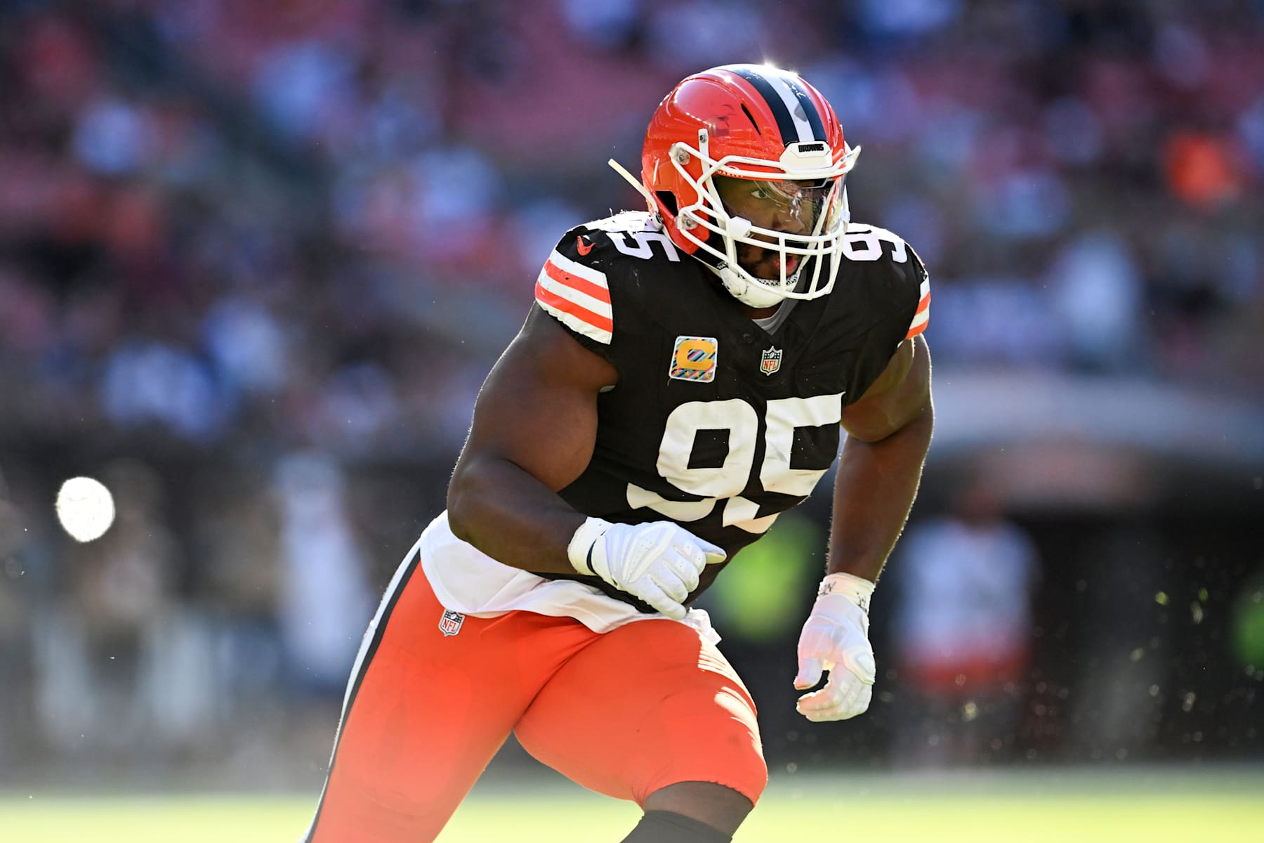CLEVELAND, OHIO - OCTOBER 20: Myles Garrett #95 of the Cleveland Browns rushes the line of scrimmage during the fourth quarter against the Cincinnati Bengals at Huntington Bank Field on October 20, 2024 in Cleveland, Ohio. (Photo by Nick Cammett/Diamond Images via Getty Images)
