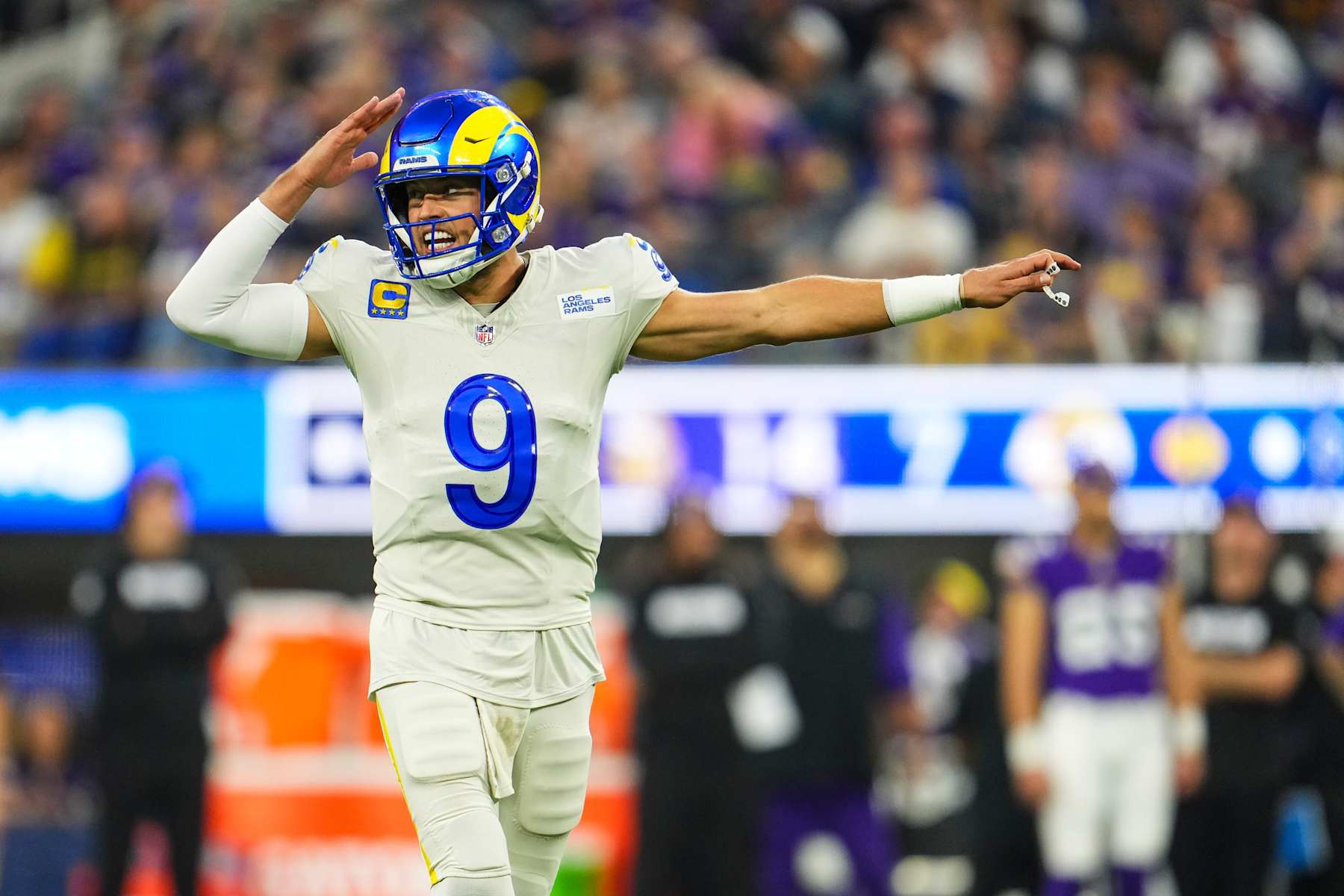 INGLEWOOD, CA - OCTOBER 24: Matthew Stafford #9 of the Los Angeles Rams looks on from the field during an NFL football game against the Minnesota Vikings at SoFi Stadium on October 24, 2024 in Inglewood, California. (Photo by Cooper Neill/Getty Images)