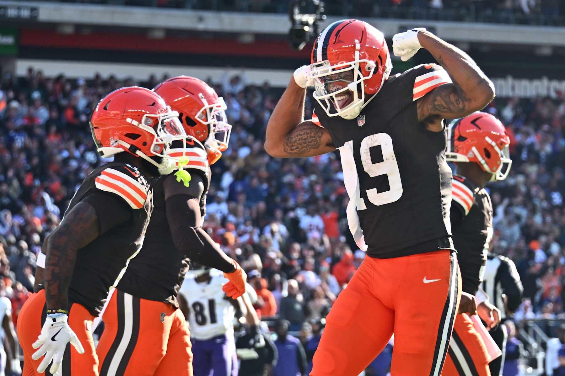 CLEVELAND, OHIO - OCTOBER 27: Cedric Tillman #19 of the Cleveland Browns celebrates after receiving touchdown in the third quarter of a game against the Baltimore Ravens at Huntington Bank Field on October 27, 2024 in Cleveland, Ohio. (Photo by Jason Miller/Getty Images)