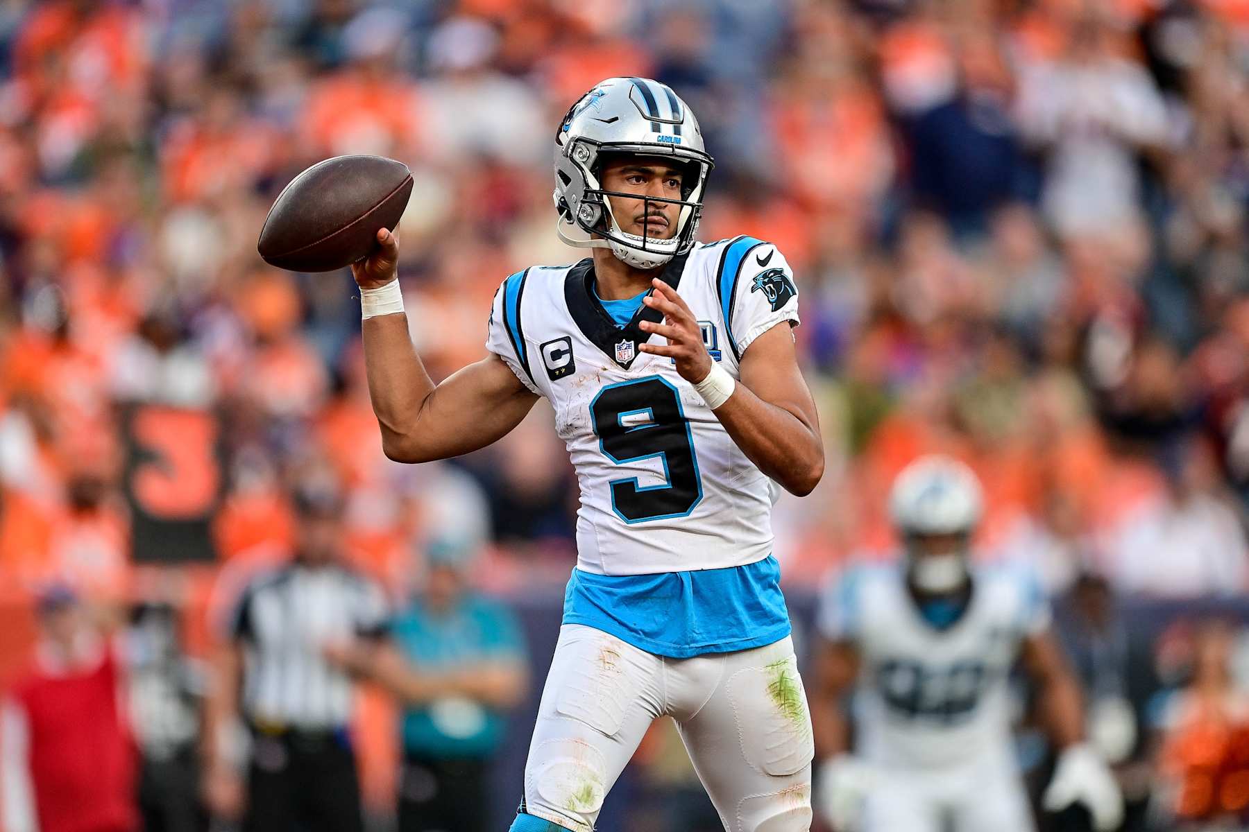 DENVER, CO - OCTOBER 27: Carolina Panthers quarterback Bryce Young (9) passes against the Denver Broncos in the fourth quarter during a game between the Carolina Panthers and the Denver Broncos at Empower Field at Mile High on October 27, 2024 in Denver, Colorado. (Photo by Dustin Bradford/Icon Sportswire via Getty Images)