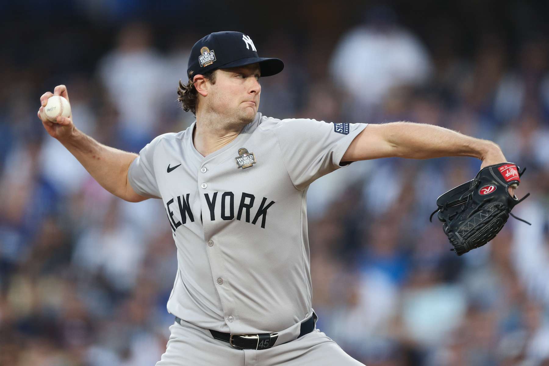 LOS ANGELES, CALIFORNIA - OCTOBER 25: Gerrit Cole #45 of the New York Yankees pitches in the second inning against the Los Angeles Dodgers during Game One of the 2024 World Series at Dodger Stadium on October 25, 2024 in Los Angeles, California. (Photo by Harry How/Getty Images)