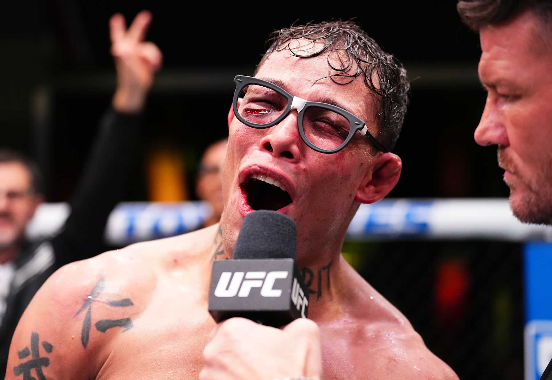 Caio Borralho reacts after his victory against Jared Cannonier