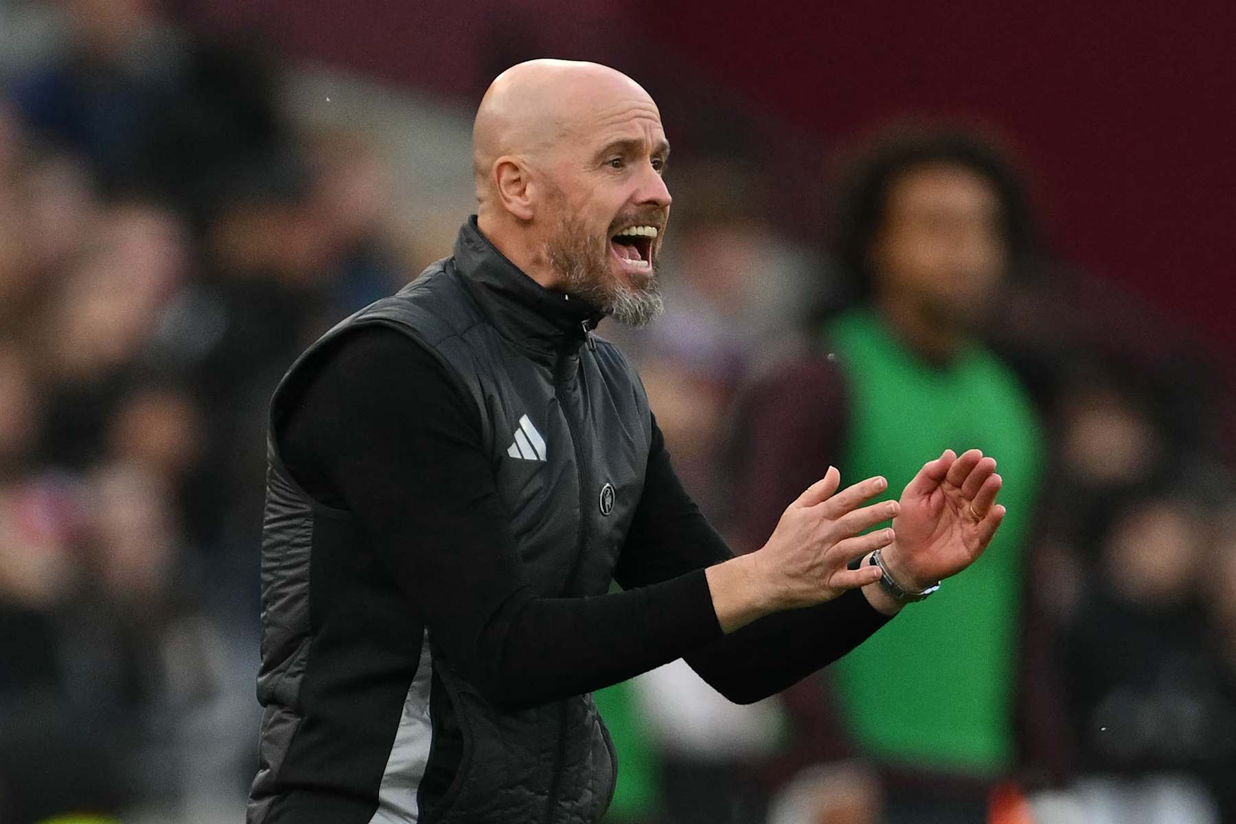 Manchester United's Dutch manager Erik ten Hag gestures on the touchline during the English Premier League football match between West Ham United and Manchester United at the London Stadium, in London on October 27, 2024. (Photo by Glyn KIRK / AFP) / RESTRICTED TO EDITORIAL USE. No use with unauthorized audio, video, data, fixture lists, club/league logos or 'live' services. Online in-match use limited to 120 images. An additional 40 images may be used in extra time. No video emulation. Social media in-match use limited to 120 images. An additional 40 images may be used in extra time. No use in betting publications, games or single club/league/player publications. / (Photo by GLYN KIRK/AFP via Getty Images)