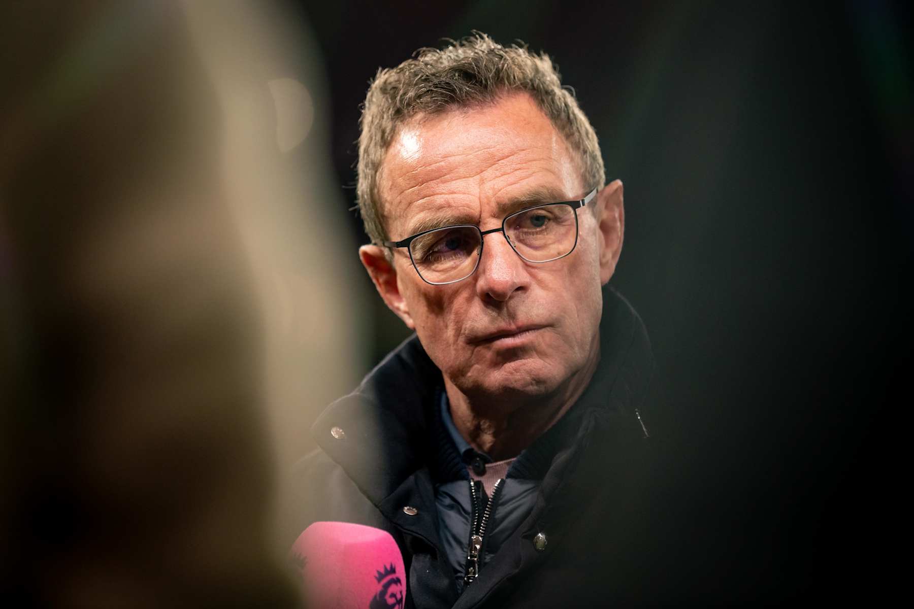 MANCHESTER, ENGLAND - APRIL 28: Manchester United Head Coach / Manager Ralf Rangnick is interviewed during the Premier League match between Manchester United and Chelsea at Old Trafford on April 28, 2022 in Manchester, United Kingdom. (Photo by Ash Donelon/Manchester United via Getty Images)