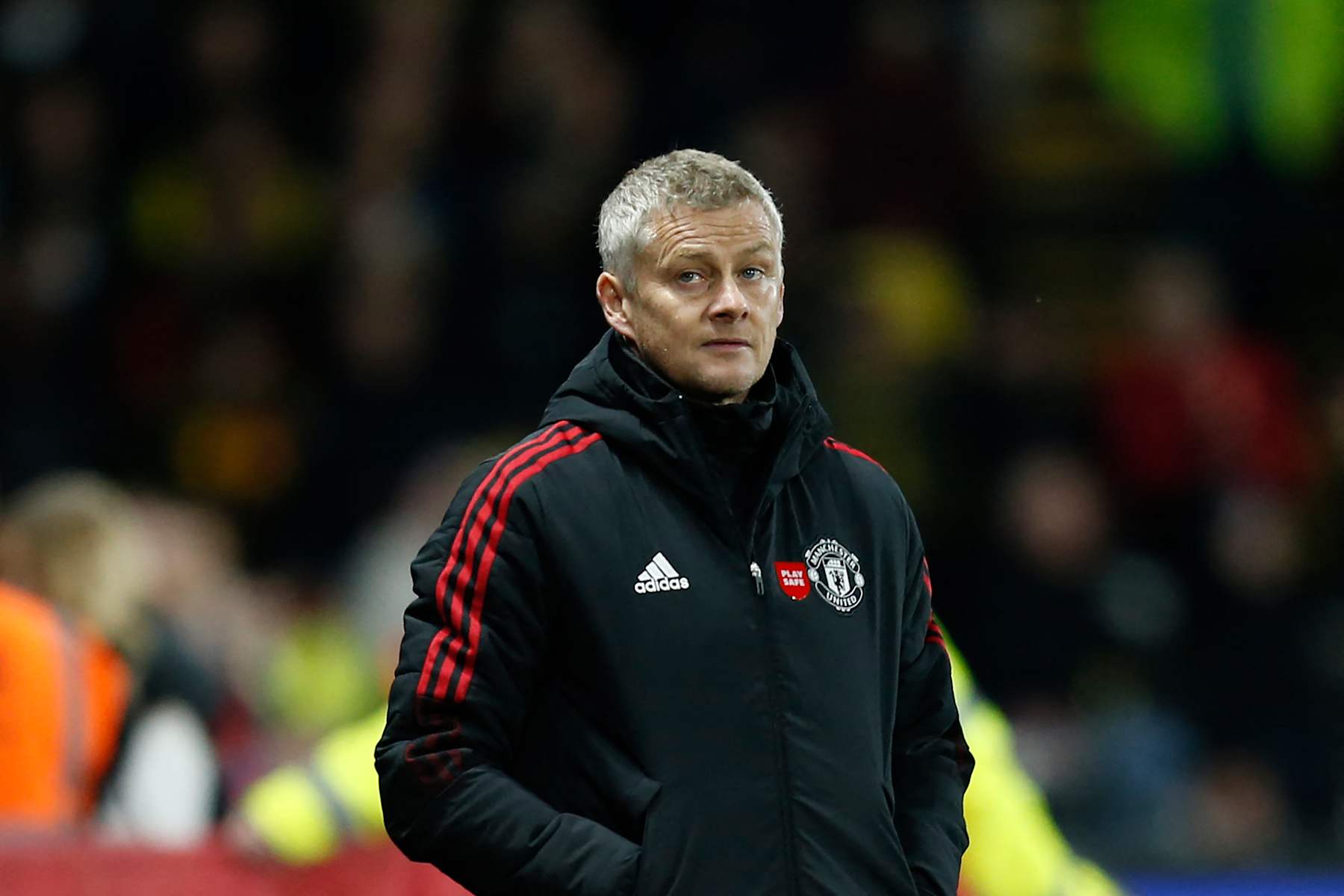 Manchester United's Norwegian manager Ole Gunnar Solskjaer reacts during the English Premier League football match between Watford and Manchester United at Vicarage Road Stadium in Watford, southeast England, on November 20, 2021. - RESTRICTED TO EDITORIAL USE. No use with unauthorized audio, video, data, fixture lists, club/league logos or 'live' services. Online in-match use limited to 120 images. An additional 40 images may be used in extra time. No video emulation. Social media in-match use limited to 120 images. An additional 40 images may be used in extra time. No use in betting publications, games or single club/league/player publications. (Photo by Ian KINGTON / AFP) / RESTRICTED TO EDITORIAL USE. No use with unauthorized audio, video, data, fixture lists, club/league logos or 'live' services. Online in-match use limited to 120 images. An additional 40 images may be used in extra time. No video emulation. Social media in-match use limited to 120 images. An additional 40 images may be used in extra time. No use in betting publications, games or single club/league/player publications. / RESTRICTED TO EDITORIAL USE. No use with unauthorized audio, video, data, fixture lists, club/league logos or 'live' services. Online in-match use limited to 120 images. An additional 40 images may be used in extra time. No video emulation. Social media in-match use limited to 120 images. An additional 40 images may be used in extra time. No use in betting publications, games or single club/league/player publications. (Photo by IAN KINGTON/AFP via Getty Images)