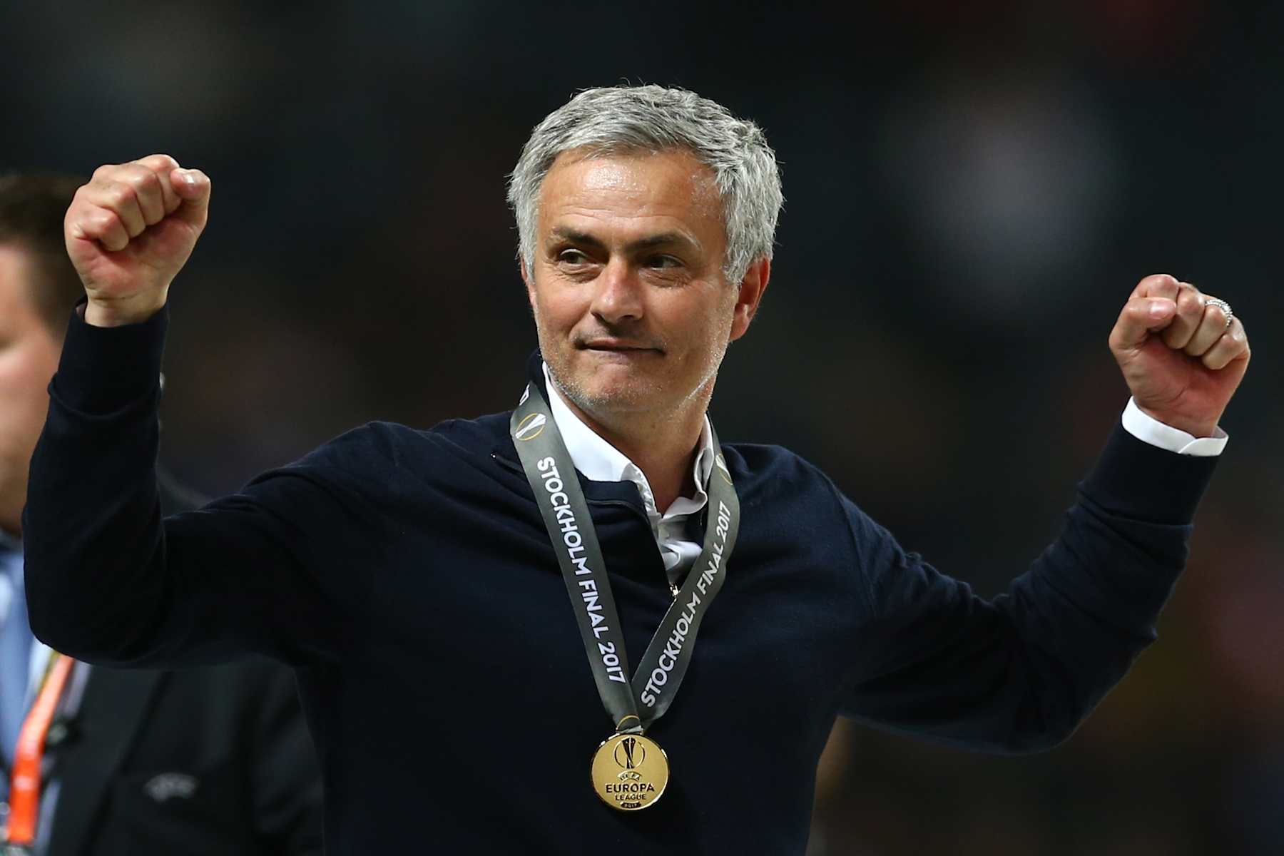 STOCKHOLM, SWEDEN - MAY 24: Jose Mourinho, Manager of Manchester United celebrates victory with his winners medal after the UEFA Europa League Final between Ajax and Manchester United at Friends Arena on May 24, 2017 in Stockholm, Sweden. (Photo by Steve Bardens - UEFA/UEFA via Getty Images)