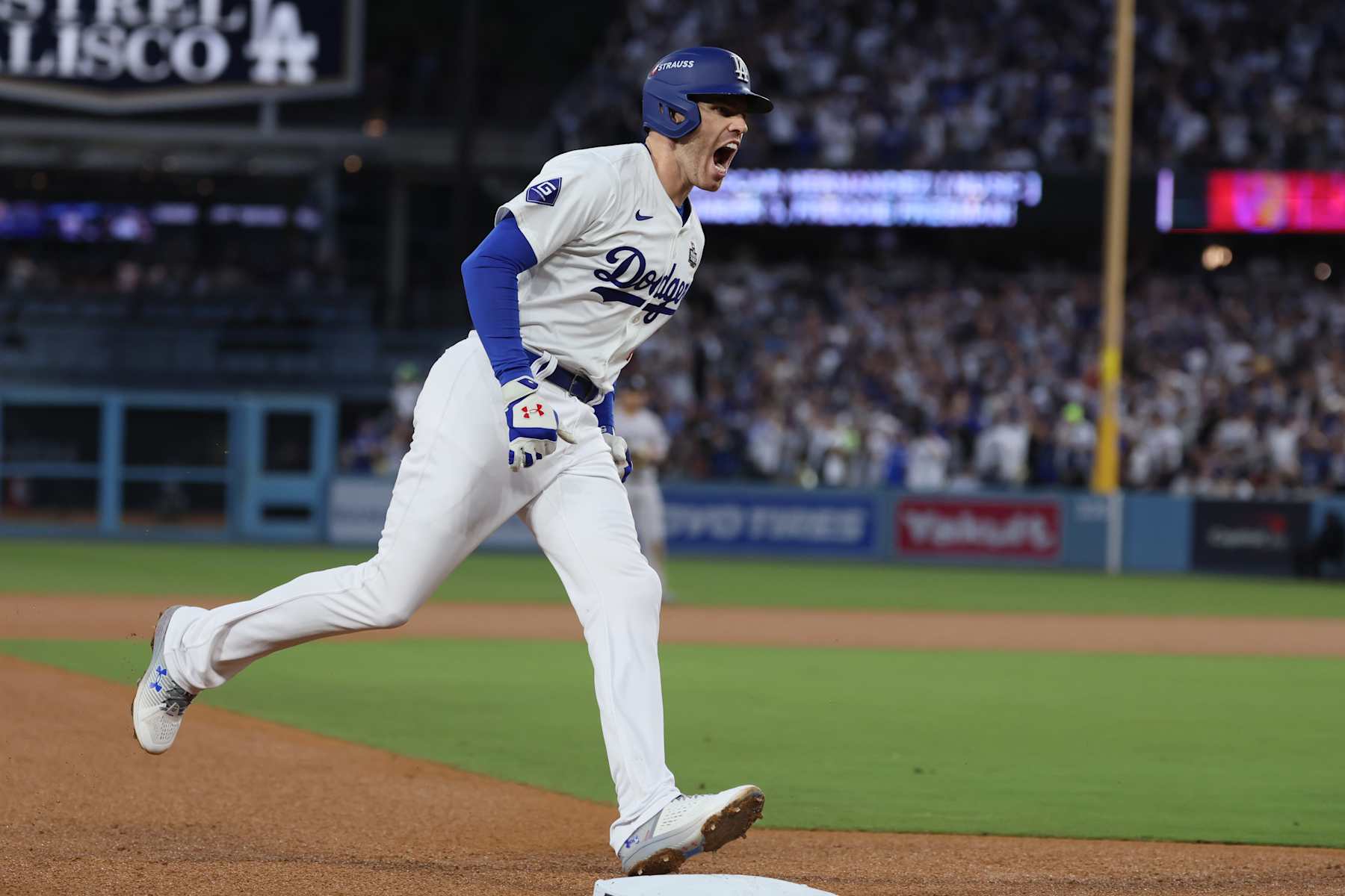 Los Angeles, CA, Friday October 26, 2024 - Los Angeles Dodgers first baseman Freddie Freeman (5) celebrates after homering against New York Yankees starter Carlos Rodon in Game two of the World Series at Dodger Stadium. (Robert Gauthier/Los Angeles Times via Getty Images)