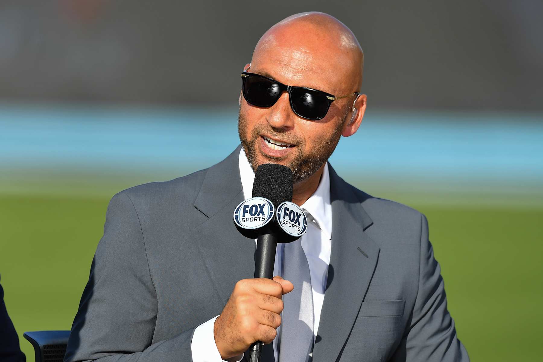 LOS ANGELES, CA - OCTOBER 11: Fox Sports analyst Derek Jeter looks on before game five of the National League Division Series game between the San Diego Padres and the Los Angeles Dodgers on October 11, 2024 at Dodger Stadium in Los Angeles, CA. (Photo by Brian Rothmuller/Icon Sportswire via Getty Images)