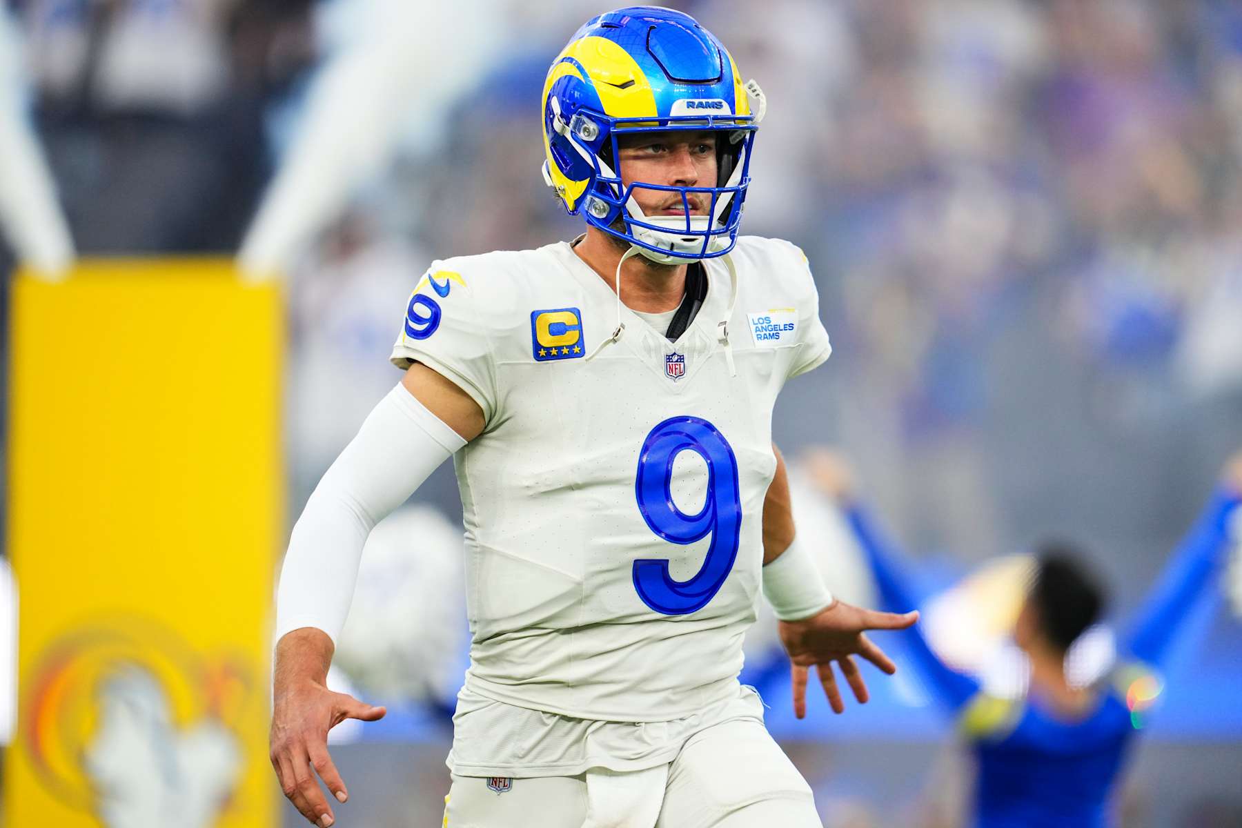 INGLEWOOD, CA - OCTOBER 24: Matthew Stafford #9 of the Los Angeles Rams runs out of the tunnel prior to an NFL football game against the Minnesota Vikings at SoFi Stadium on October 24, 2024 in Inglewood, California. (Photo by Cooper Neill/Getty Images)