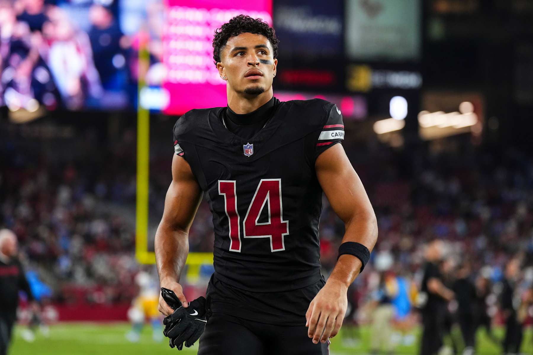 GLENDALE, AZ - OCTOBER 21: Michael Wilson #14 of the Arizona Cardinals celebrates after an NFL football game against the Los Angeles Chargers at State Farm Stadium on October 21, 2024 in Glendale, Arizona. (Photo by Cooper Neill/Getty Images)