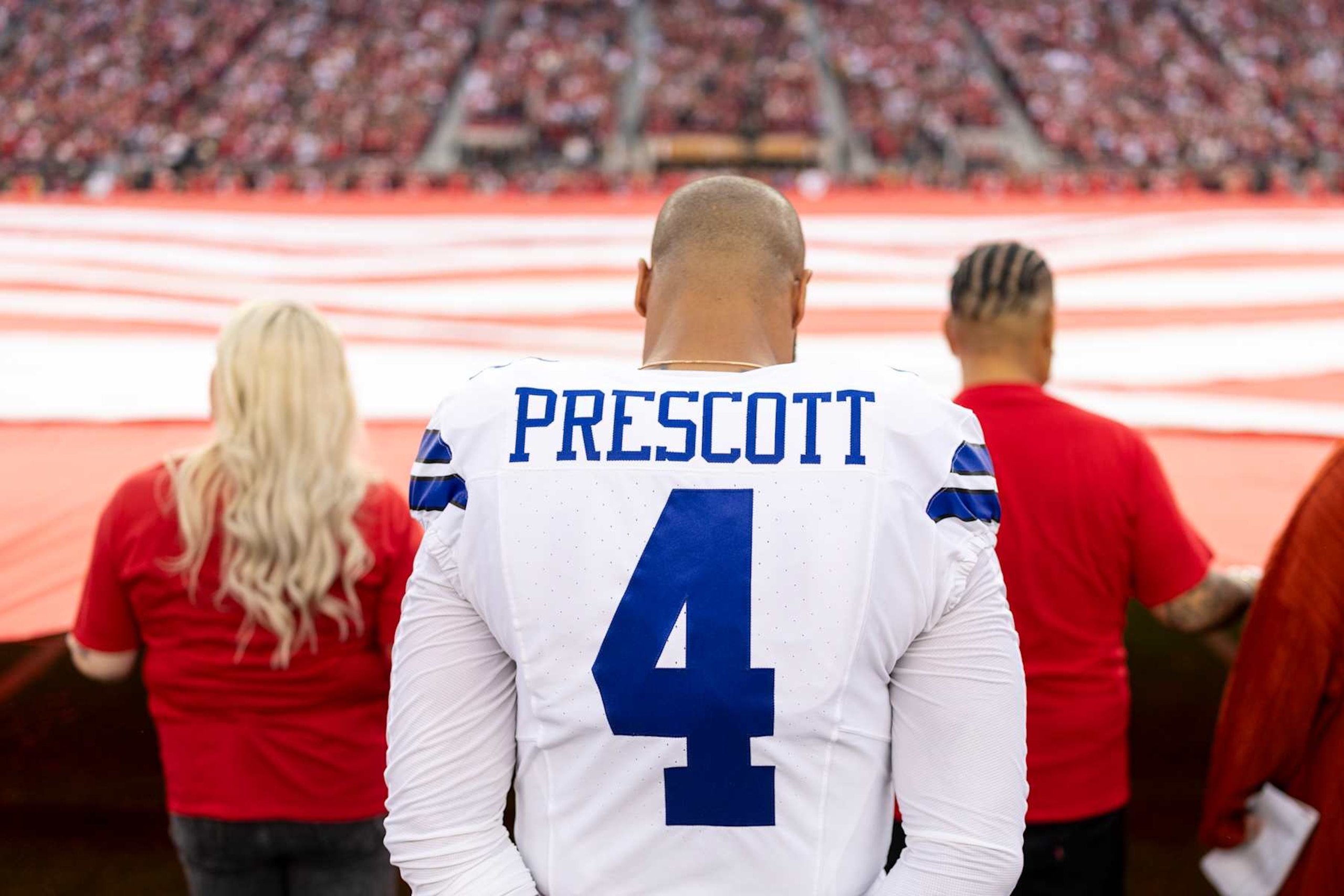 SANTA CLARA, CALIFORNIA - OCTOBER 27: Dak Prescott #4 of the Dallas Cowboys takes a moment prior to an NFL Football game against the San Francisco 49ers at Levi's Stadium on October 27, 2024 in Santa Clara, California. (Photo by Michael Owens/Getty Images) SANTA CLARA, CALIFORNIA - OCTOBER 27: Dak Prescott #4 of the Dallas Cowboys takes a moment prior to an NFL Football game against the San Francisco 49ers at Levi's Stadium on October 27, 2024 in Santa Clara, California. (Photo by Michael Owens/Getty Images)