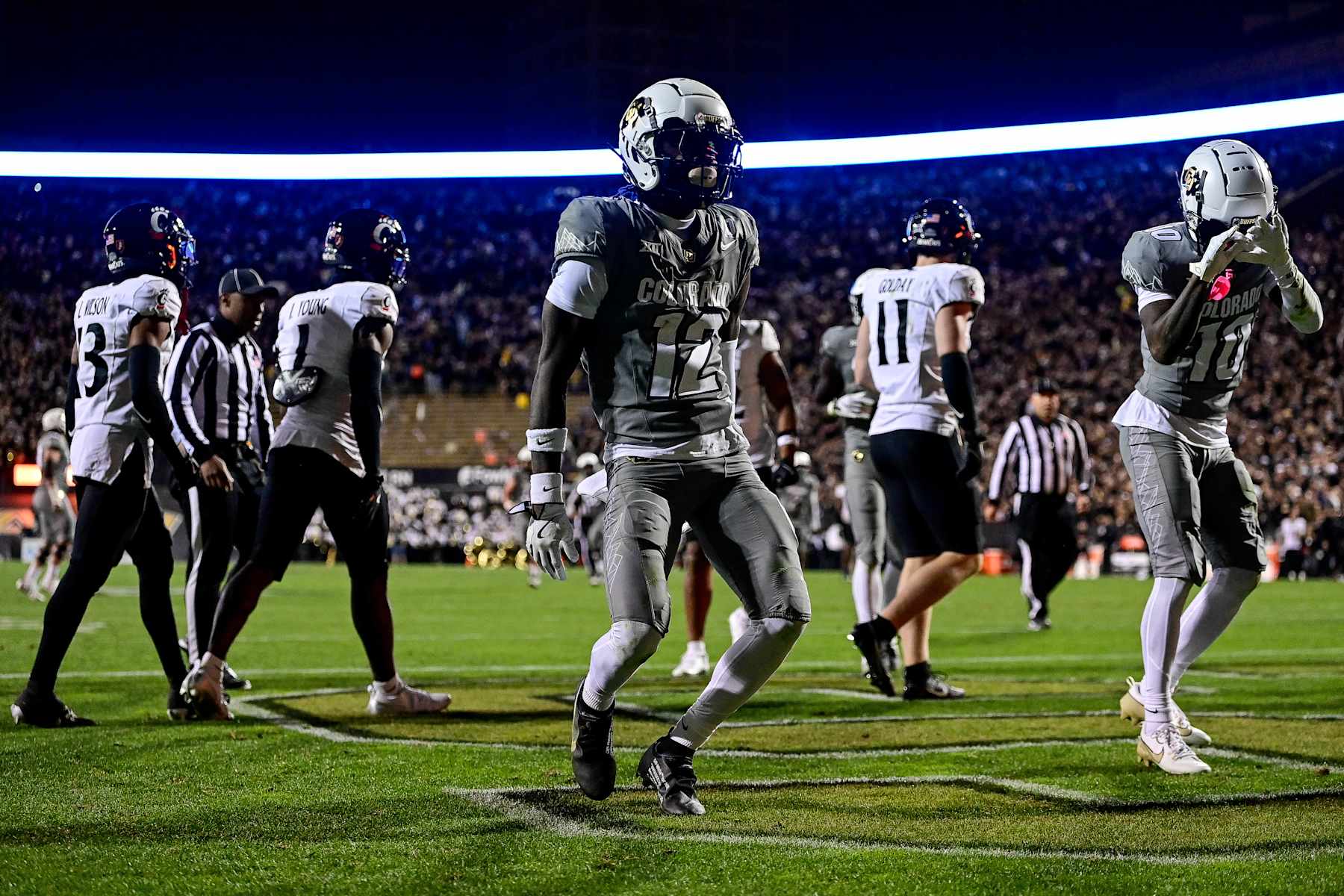 BOULDER, CO - OCTOBER 26:  Travis Hunter #12 of the Colorado Buffaloes celebrates his second quarter touchdown against the Cincinnati Bearcats at Folsom Field on October 26, 2024 in Boulder, Colorado. (Photo by Dustin Bradford/Getty Images)