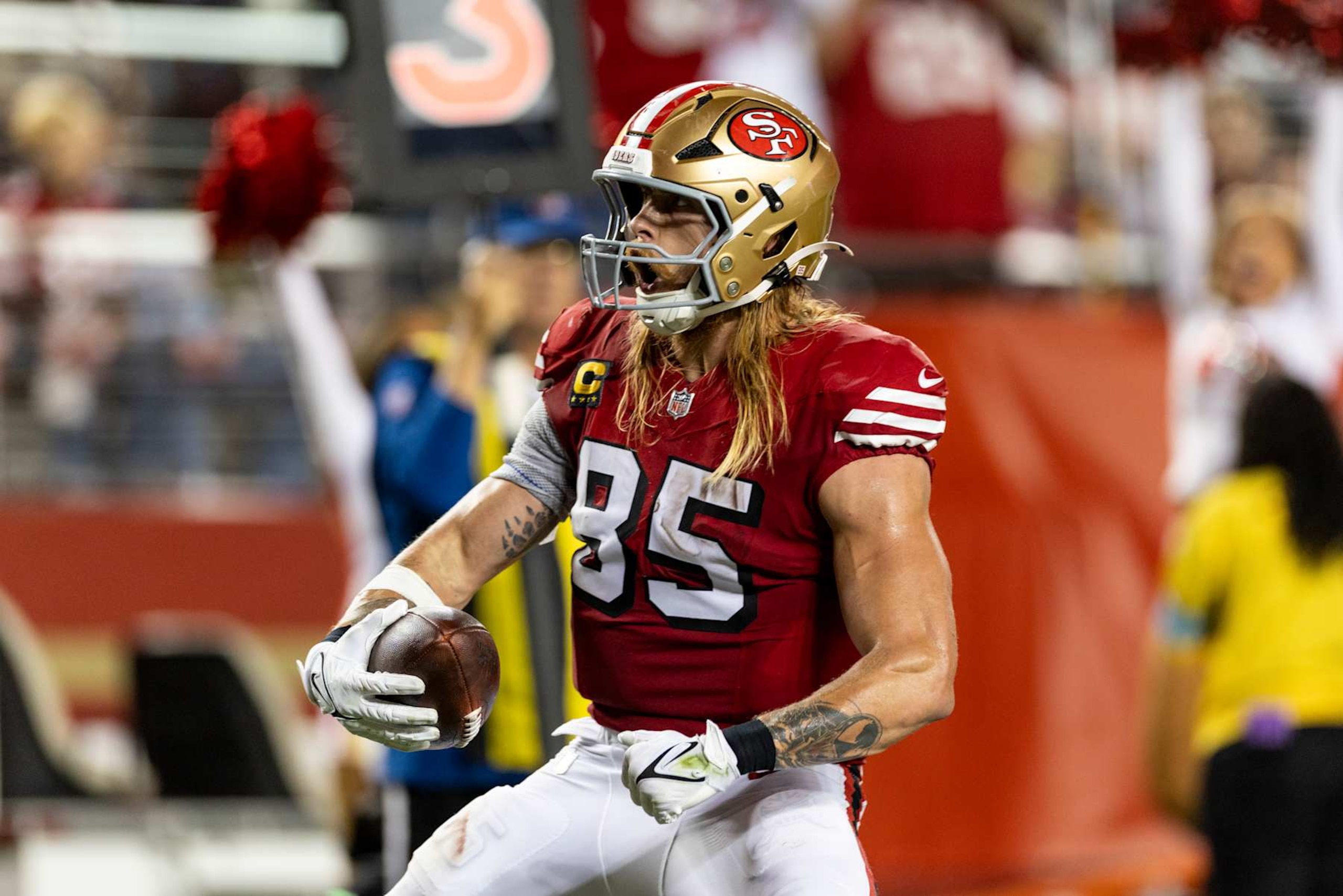SANTA CLARA, CALIFORNIA - OCTOBER 27: George Kittle #85 of the San Francisco celebrates after completing a pass to score a touchdown during an NFL Football game against the Dallas Cowboys at Levi's Stadium on October 27, 2024 in Santa Clara, California. (Photo by Michael Owens/Getty Images) SANTA CLARA, CALIFORNIA - OCTOBER 27: George Kittle #85 of the San Francisco celebrates after completing a pass to score a touchdown during an NFL Football game against the Dallas Cowboys at Levi's Stadium on October 27, 2024 in Santa Clara, California. (Photo by Michael Owens/Getty Images)