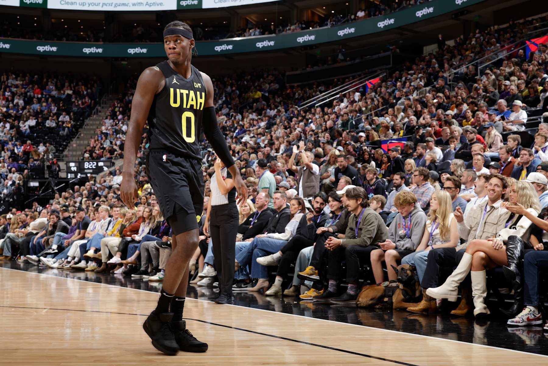 SALT LAKE CITY, UT - OCTOBER 25: Taylor Hendricks #0 of the Utah Jazz looks on during the game on October 25, 2024 at Delta Center in Salt Lake City, Utah. NOTE TO USER: User expressly acknowledges and agrees that, by downloading and or using this Photograph, User is consenting to the terms and conditions of the Getty Images License Agreement. Mandatory Copyright Notice: Copyright 2024 NBAE (Photo by Melissa Majchrzak/NBAE via Getty Images)