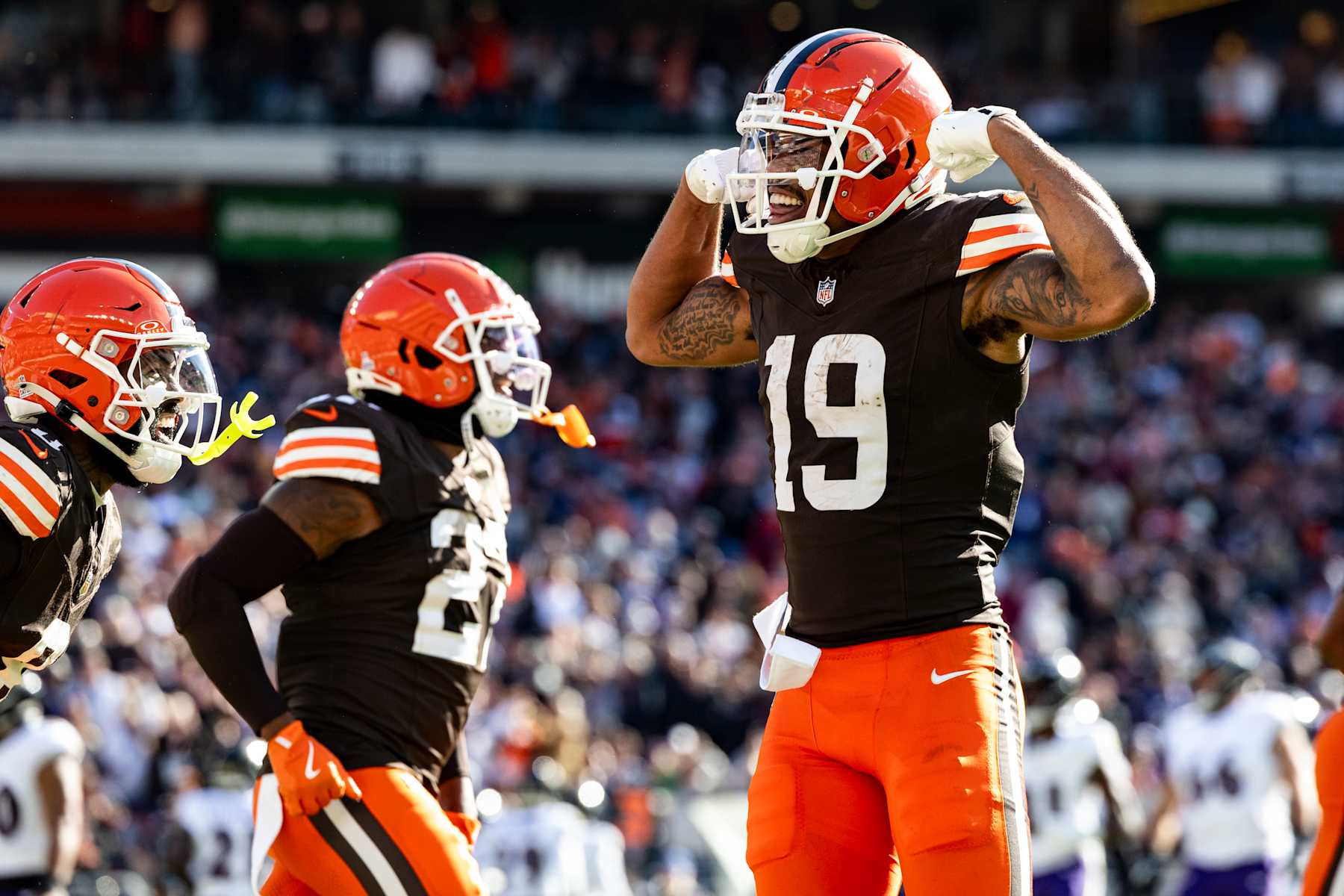 CLEVELAND, OHIO - OCTOBER 27: Cedric Tillman #19 of the Cleveland Browns celebrates after scoring a touchdown in the third quarter of the game against the Baltimore Ravens at Huntington Bank Field on October 27, 2024 in Cleveland, Ohio. The Browns beat the Ravens 29-24. (Photo by Lauren Leigh Bacho/Getty Images)