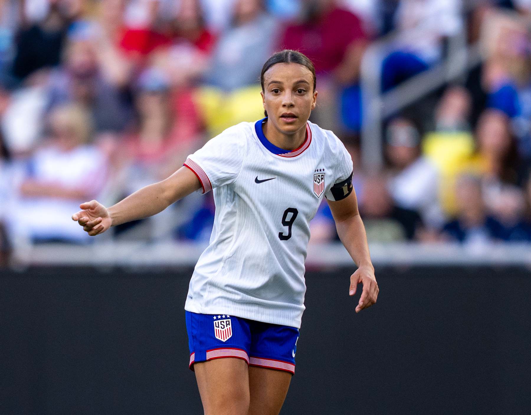 NASHVILLE, TN - OCTOBER 27: Mallory Swanson #9 of the United States yells to her teammates during a game between Iceland and USWNT at Geodis Park on October 27, 2024 in Nashville, Tennessee. (Photo by Brad Smith/ISI Photos/USSF/Getty Images for USSF)