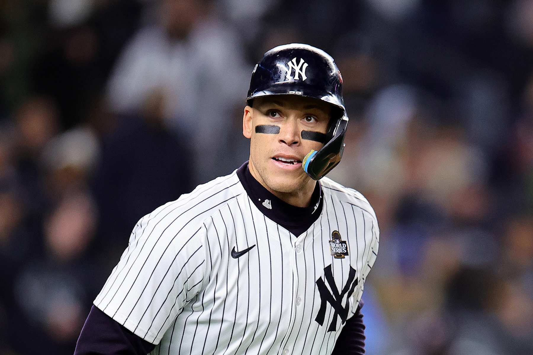 NEW YORK, NEW YORK - OCTOBER 28: Aaron Judge #99 of the New York Yankees reacts after being walked in the eighth inning against the Los Angeles Dodgers during Game Three of the 2024 World Series at Yankee Stadium on October 28, 2024 in the Bronx borough of New York City. (Photo by Alex Slitz/Getty Images)