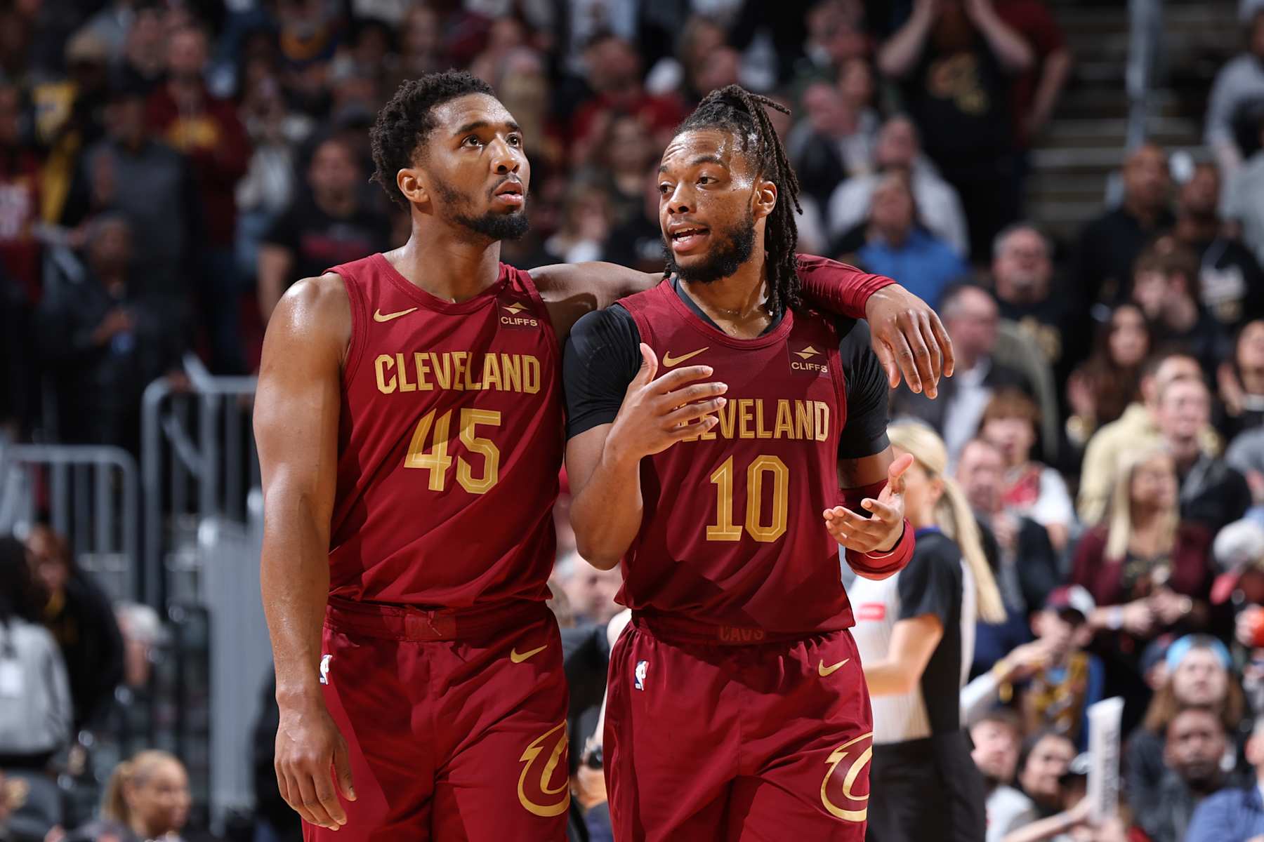 CLEVELAND, OH - APRIL 12: Donovan Mitchell #45 and Darius Garland #10 of the Cleveland Cavaliers talk during the game against the Indiana Pacers on April 12, 2024 at Rocket Mortgage FieldHouse in Cleveland, Ohio. NOTE TO USER: User expressly acknowledges and agrees that, by downloading and/or using this Photograph, user is consenting to the terms and conditions of the Getty Images License Agreement. Mandatory Copyright Notice: Copyright 2024 NBAE (Photo by Jeff Haynes/NBAE via Getty Images)