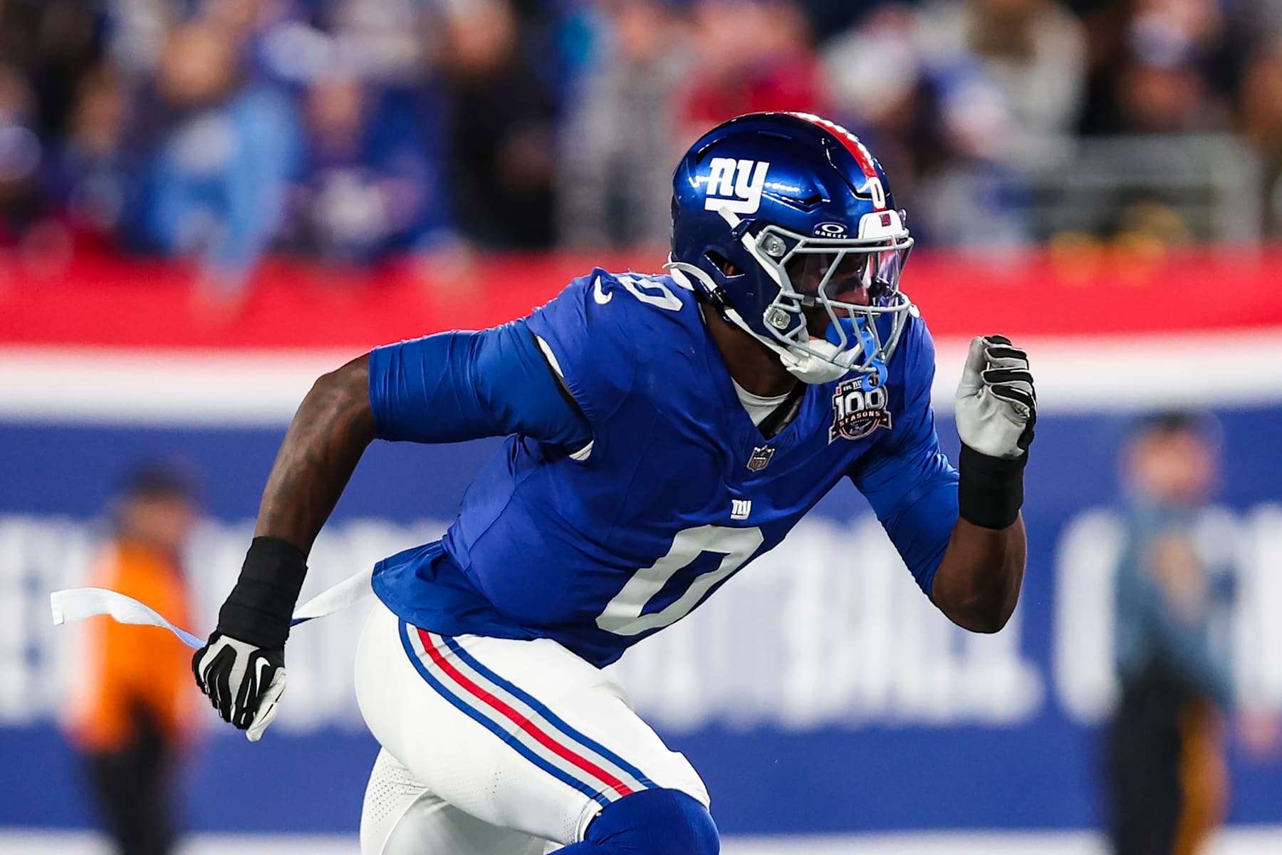 EAST RUTHERFORD, NJ - OCTOBER 13: Brian Burns #0 of the New York Giants runs a route during an NFL football game against the Cincinnati Bengals at MetLife Stadium on October 13, 2024 in East Rutherford, NJ. (Photo by Perry Knotts/Getty Images)