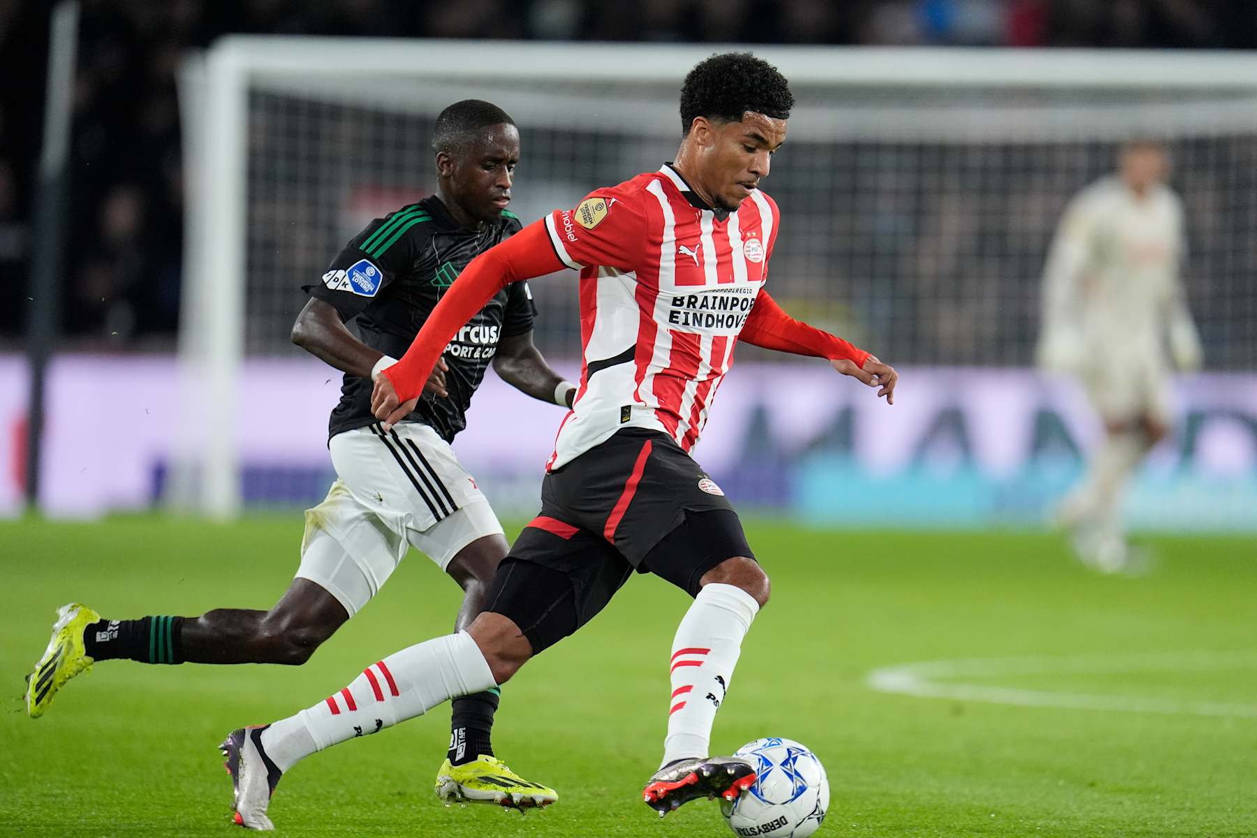 EINDHOVEN, NETHERLANDS - OCTOBER 26: (L-R) Jamiro Monteiro of PEC Zwolle , Malik Tillman of PSV during the Dutch Eredivisie match between PSV v PEC Zwolle at the Philips Stadium on October 26, 2024 in Eindhoven Netherlands (Photo by Photo Prestige/Soccrates/Getty Images)
