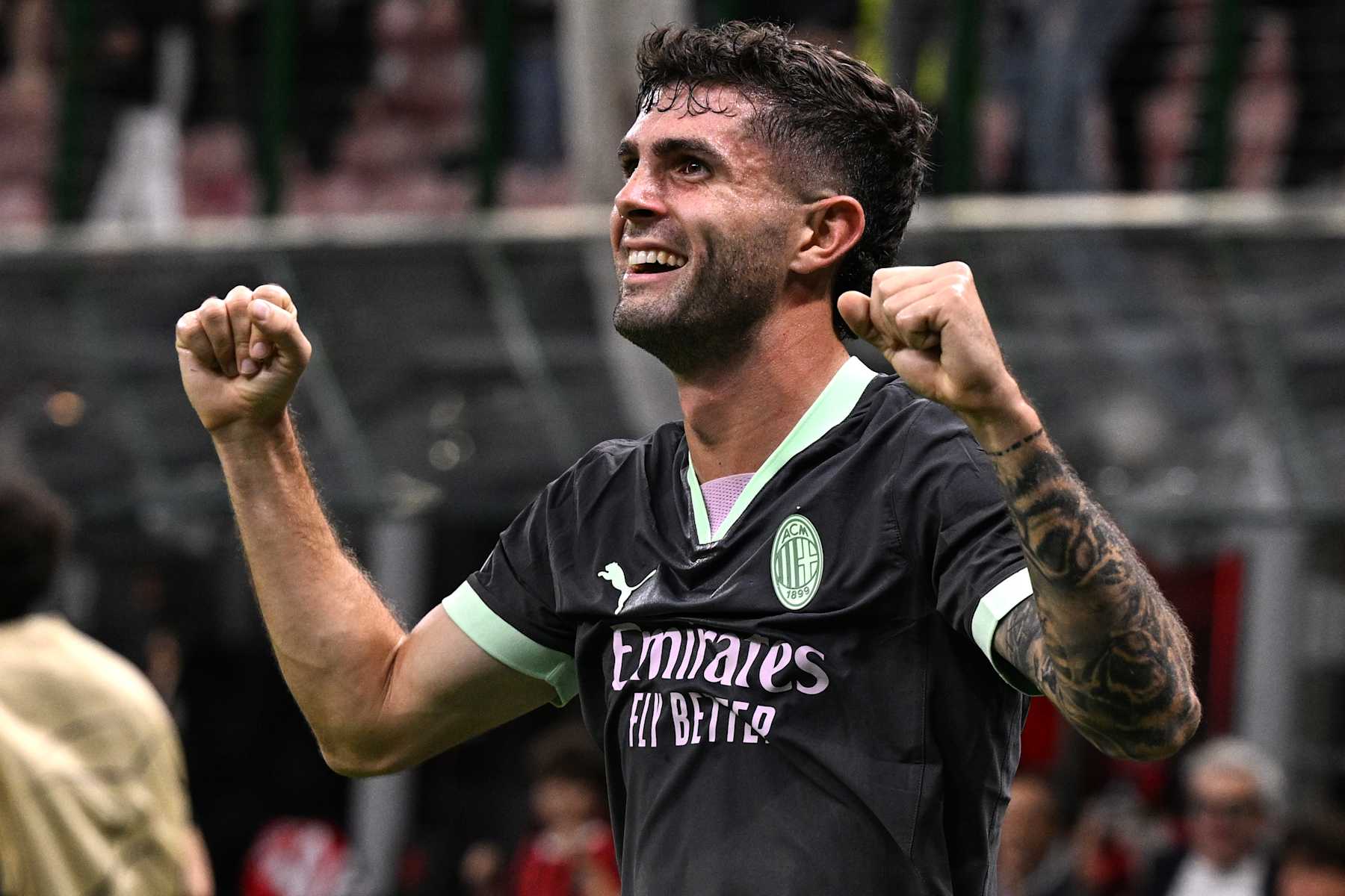 MILAN, ITALY - OCTOBER 22: Christian Pulisic of Milan celebrates his goal during the UEFA Champions League 2024/25 League Phase MD3 match between AC Milan and Club Brugge KV at Stadio San Siro on October 22, 2024 in Milan, Italy. (Photo by Image Photo Agency/Getty Images)