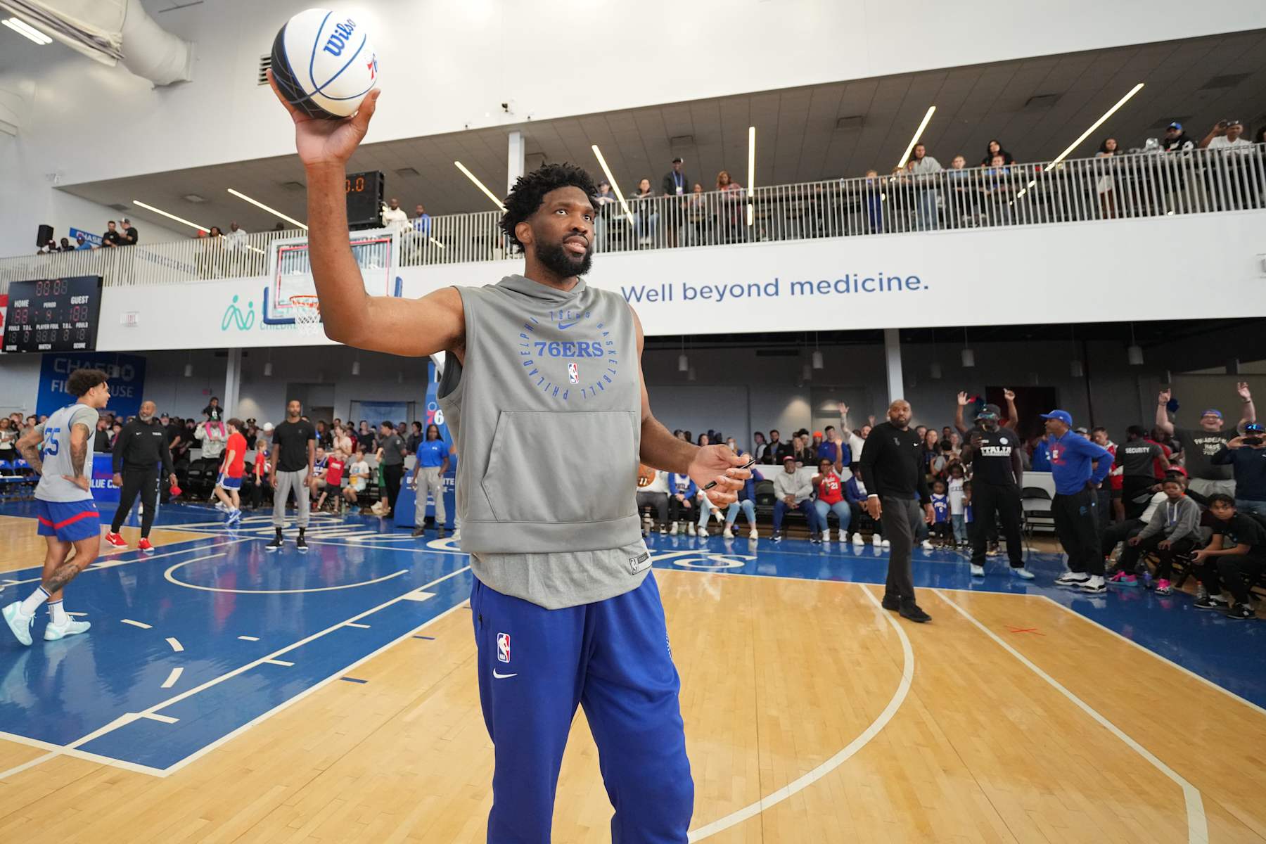 WILMINGTON, DE - OCTOBER 20: Joel Embiid #21 of the Philadelphia 76ers throws balls to fans during an open practice on October 20, 2024 at Chase Fieldhouse in Wilmington, Delaware. NOTE TO USER: User expressly acknowledges and agrees that, by downloading and/or using this Photograph, user is consenting to the terms and conditions of the Getty Images License Agreement. Mandatory Copyright Notice: Copyright 2024 NBAE (Photo byJesse D. Garrabranty/NBAE via Getty Images)
