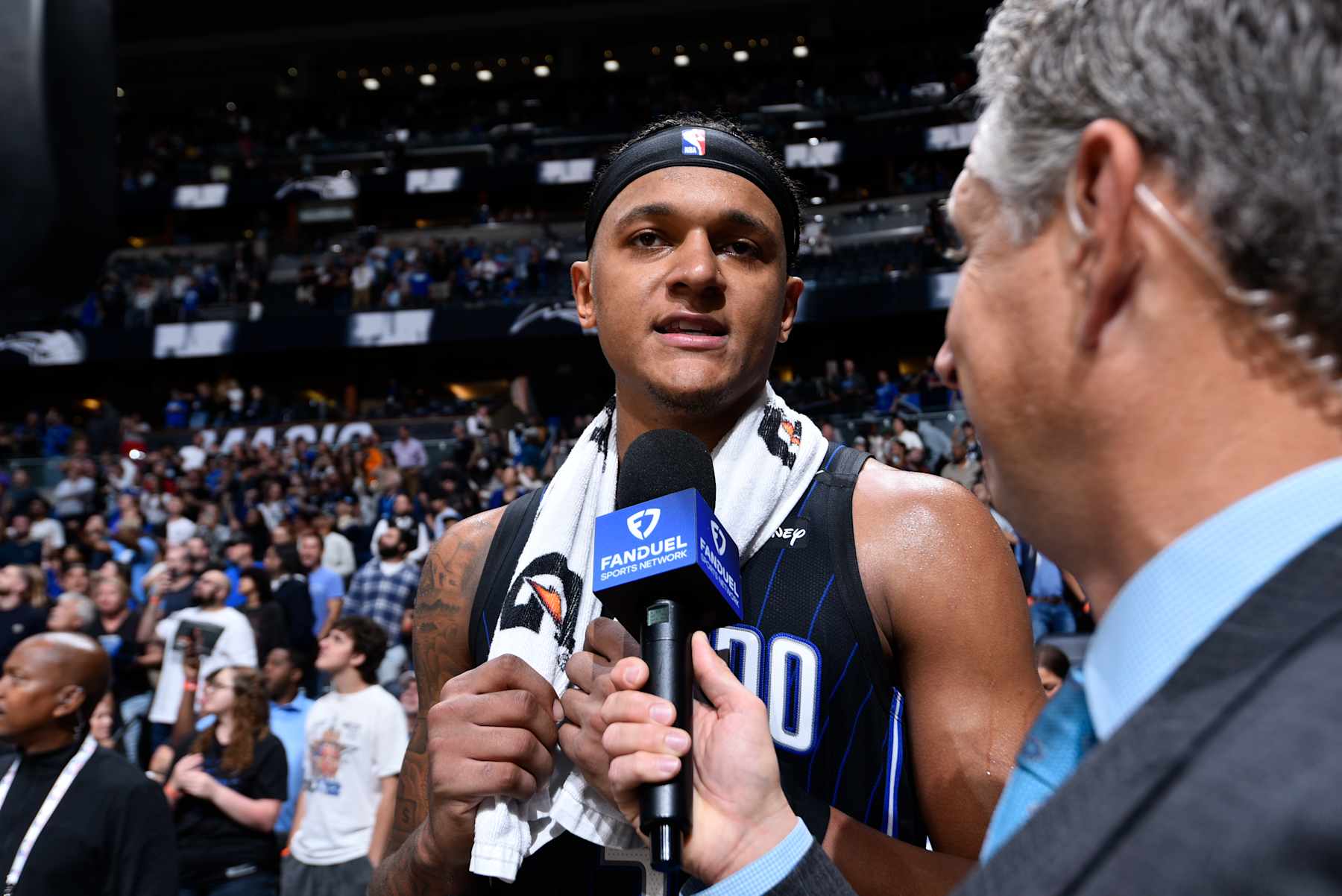 ORLANDO, FL - OCTOBER 28: Paolo Banchero #5 of the Orlando Magic talks to the media after the game against the Indiana Pacers on October 28, 2024 at Kia Center in Orlando, Florida. NOTE TO USER: User expressly acknowledges and agrees that, by downloading and or using this photograph, User is consenting to the terms and conditions of the Getty Images License Agreement. Mandatory Copyright Notice: Copyright 2024 NBAE (Photo by Fernando Medina/NBAE via Getty Images)