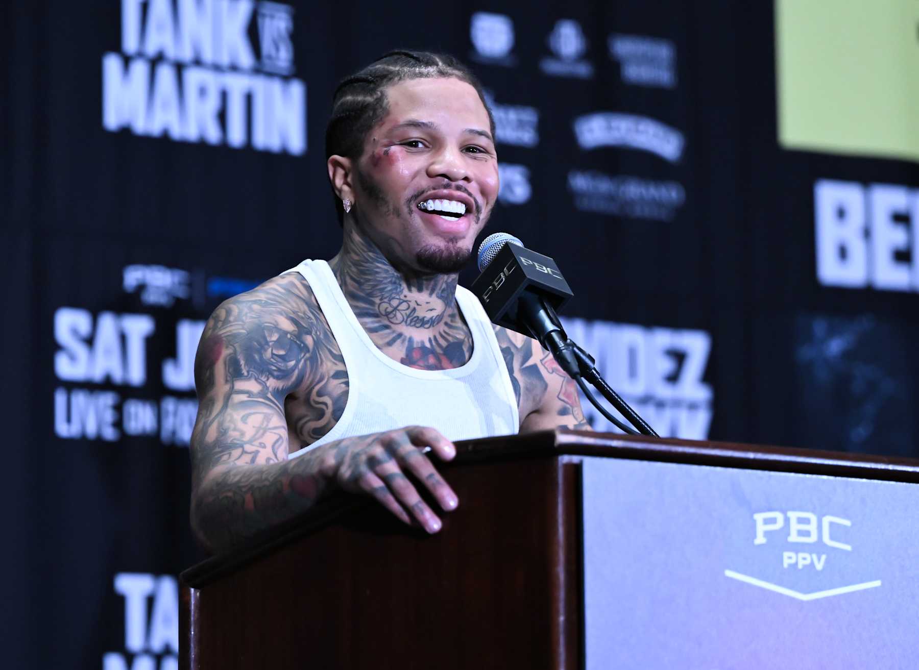 LAS VEGAS, NEVADA - JUNE 15: Gervonta Davis 'Tank' speaks during a press conference after his match against Frank Martin for WBA world lightweight title of the Premiere Boxing Championship on Saturday night at the MGM Grand Garden Arena in Las Vegas, Nevada, United States on June 15, 2024. (Photo by Tayfun Coskun/Anadolu via Getty Images)