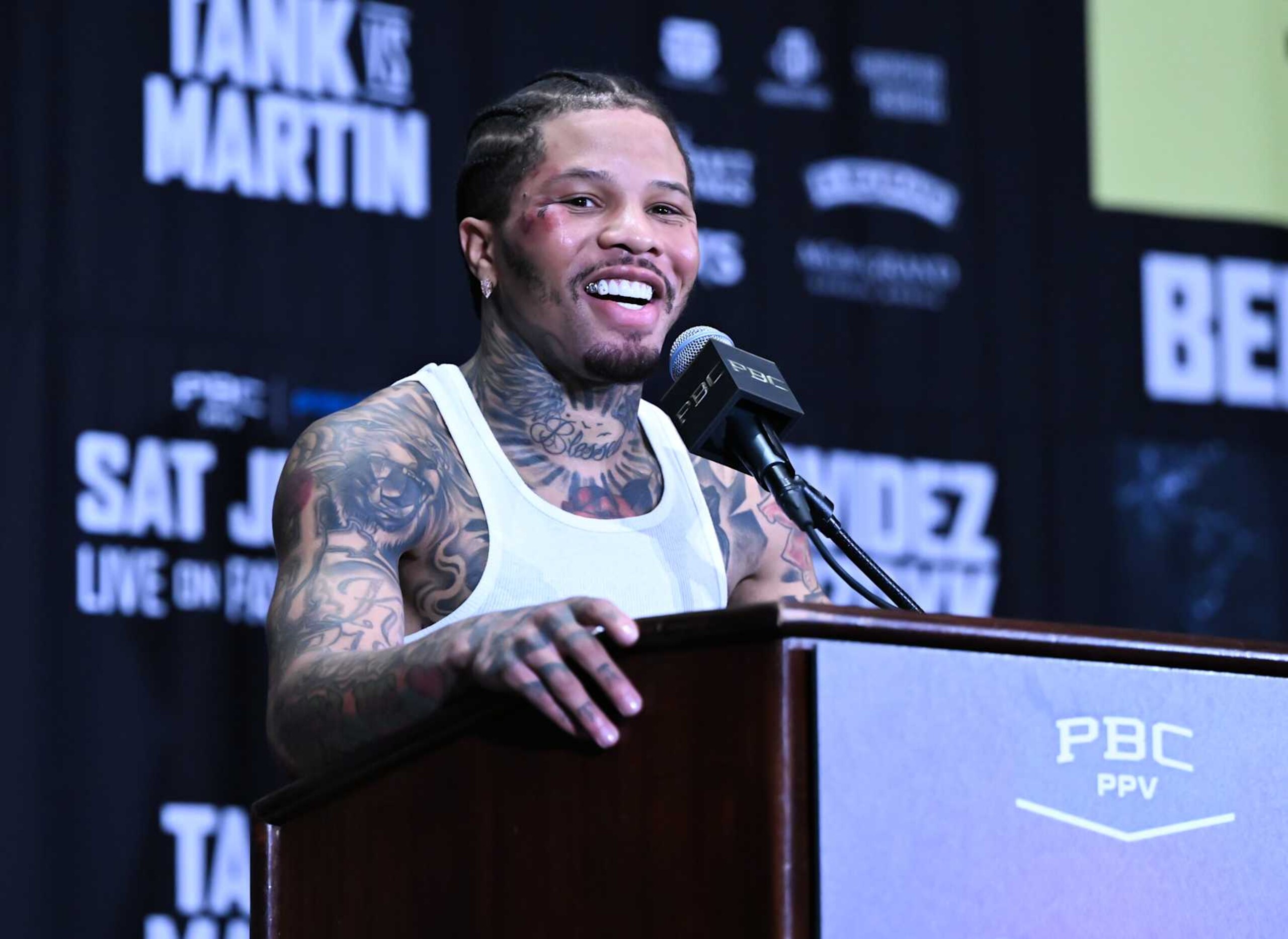 LAS VEGAS, NEVADA - JUNE 15: Gervonta Davis 'Tank' speaks during a press conference after his match against Frank Martin for WBA world lightweight title of the Premiere Boxing Championship on Saturday night at the MGM Grand Garden Arena in Las Vegas, Nevada, United States on June 15, 2024. (Photo by Tayfun Coskun/Anadolu via Getty Images)