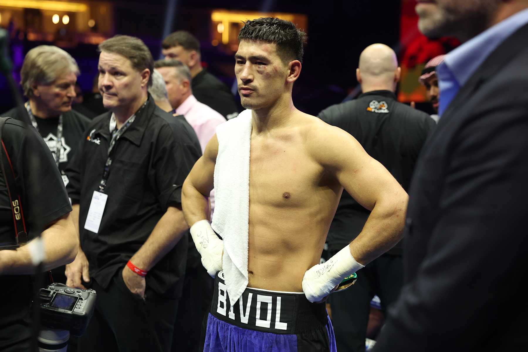 RIYADH, SAUDI ARABIA - OCTOBER 12: Dmitry Bivol reacts after losing to Artur Beterbiev in their headlining bout as part of the Riyadh Season - IV Crown Showdown at Kingdom Arena on October 12, 2024 in Riyadh, Saudi Arabia. (Photo by Mark Robinson/Matchroom Boxing/Getty Images).