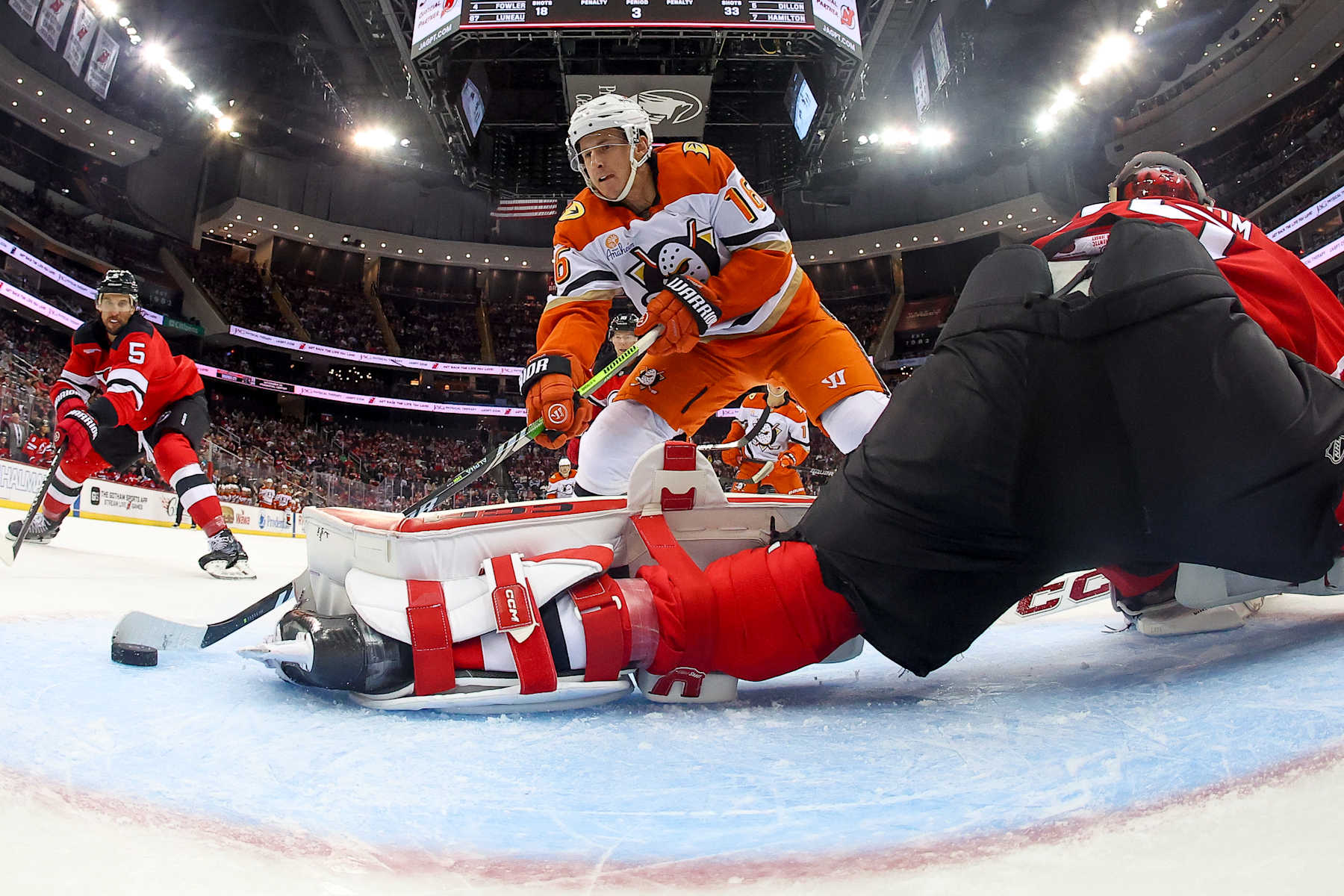 NEWARK, NJ - OCTOBER 27: Ryan Strome #16 of the Anaheim Ducks scores past Jacob Markstrom #25 of the New Jersey Devils during the third period of the game at the Prudential Center on October 27, 2024 in Newark, New Jersey. (Photo by Tori Graessle/NHLI via Getty Images)