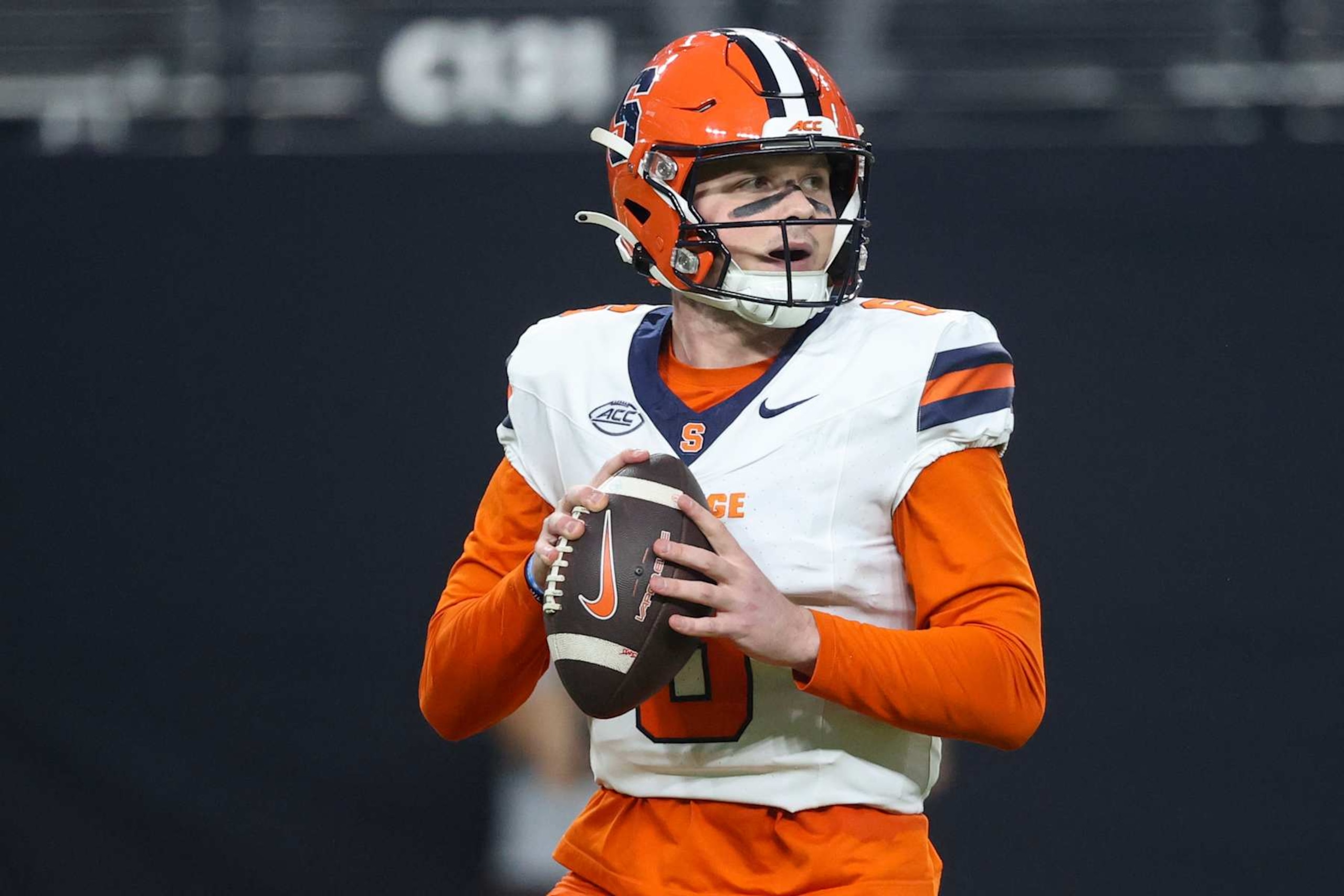 LAS VEGAS, NEVADA - OCTOBER 04: Kyle McCord #6 of the Syracuse Orange attempts a pass during the first quarter of game against the UNLV Rebelsat Allegiant Stadium on October 04, 2024 in Las Vegas, Nevada. (Photo by Ian Maule/Getty Images) LAS VEGAS, NEVADA - OCTOBER 04: Kyle McCord #6 of the Syracuse Orange attempts a pass during the first quarter of game against the UNLV Rebelsat Allegiant Stadium on October 04, 2024 in Las Vegas, Nevada. (Photo by Ian Maule/Getty Images)