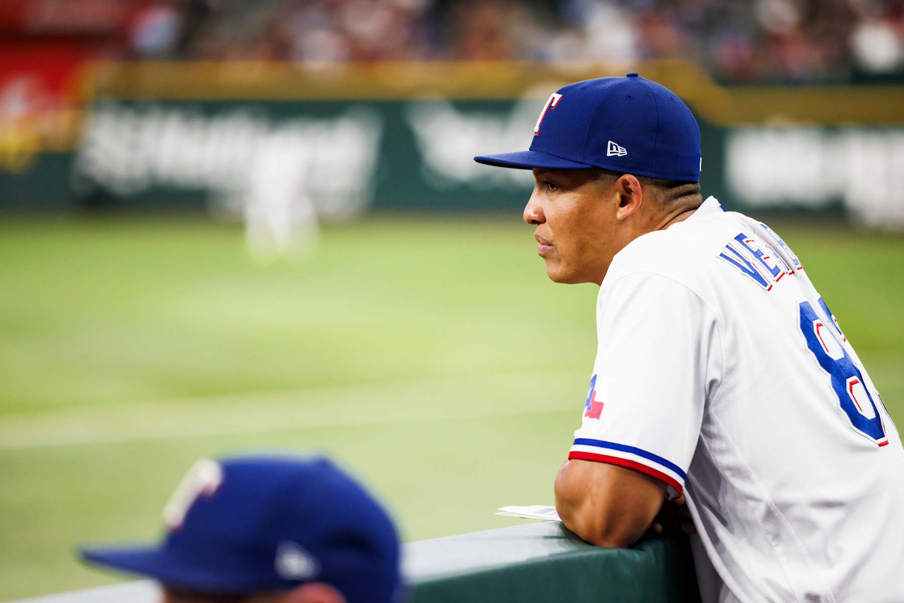 ARLINGTON, TX - SEPTEMBER 20: Will Venable #83 of the Texas Rangers looks on from the dugout during a game against the Boston Red Sox at Globe Life Field on September 20, 2023 in Arlington, Texas. (Photo by Hayden Carroll/Texas Rangers/Getty Images)