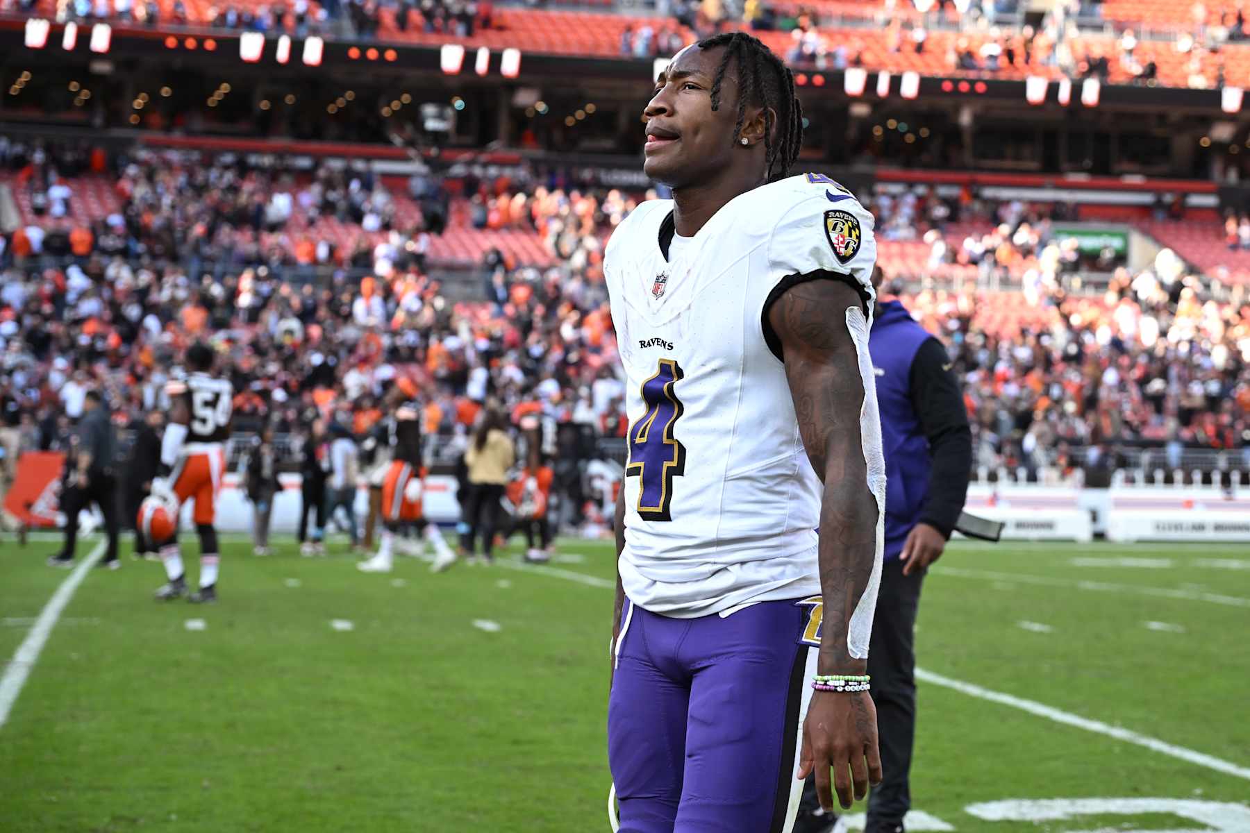 CLEVELAND, OHIO - OCTOBER 27: Zay Flowers #4 of the Baltimore Ravens reacts after his team's 29-24 loss against the Cleveland Browns at Huntington Bank Field on October 27, 2024 in Cleveland, Ohio. (Photo by Nick Cammett/Getty Images)