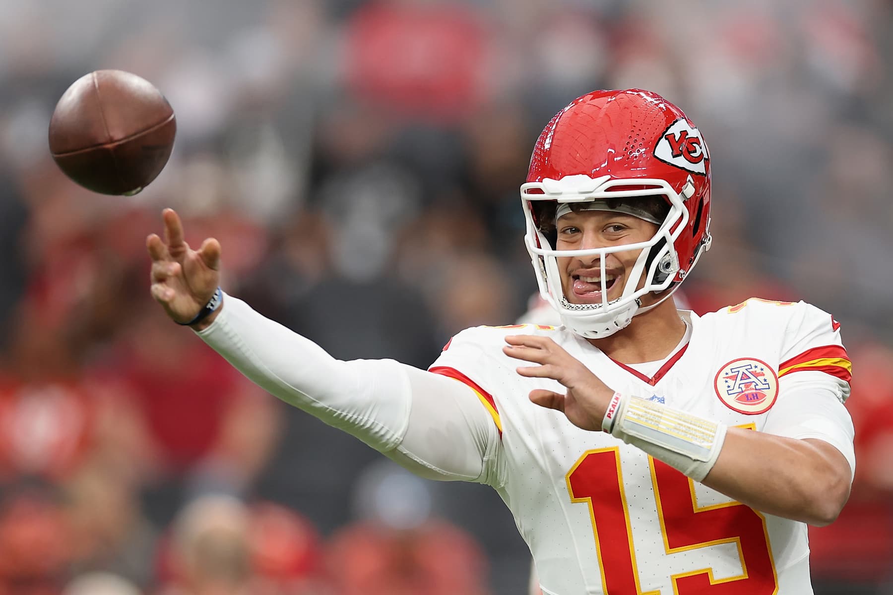 LAS VEGAS, NEVADA - OCTOBER 27: Patrick Mahomes #15 of the Kansas City Chiefs warms up during the NFL game against the Las Vegas Raiders at Allegiant Stadium on October 27, 2024 in Las Vegas, Nevada. The Chiefs defeated the Raiders 27-20. (Photo by Christian Petersen/Getty Images)