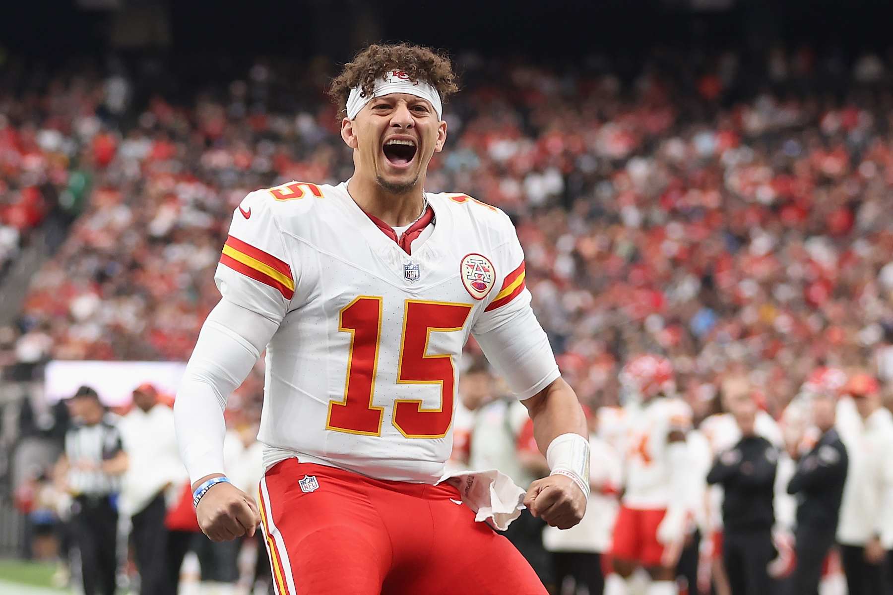 LAS VEGAS, NEVADA - OCTOBER 27: Patrick Mahomes #15 of the Kansas City Chiefs reacts on the field during the NFL game against the Las Vegas Raiders at Allegiant Stadium on October 27, 2024 in Las Vegas, Nevada. The Chiefs defeated the Raiders 27-20. (Photo by Christian Petersen/Getty Images)