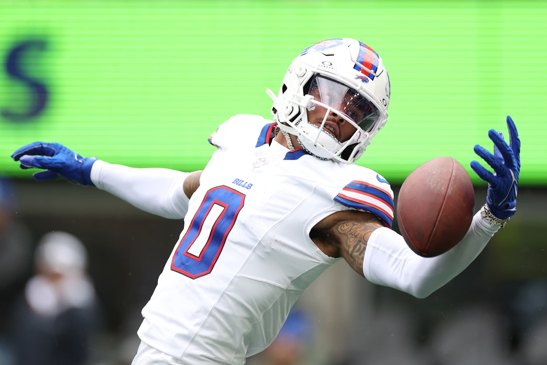 SEATTLE, WASHINGTON - OCTOBER 27: Keon Coleman #0 of the Buffalo Bills warms up prior to a game against the Seattle Seahawks at Lumen Field on October 27, 2024 in Seattle, Washington. (Photo by Steph Chambers/Getty Images)